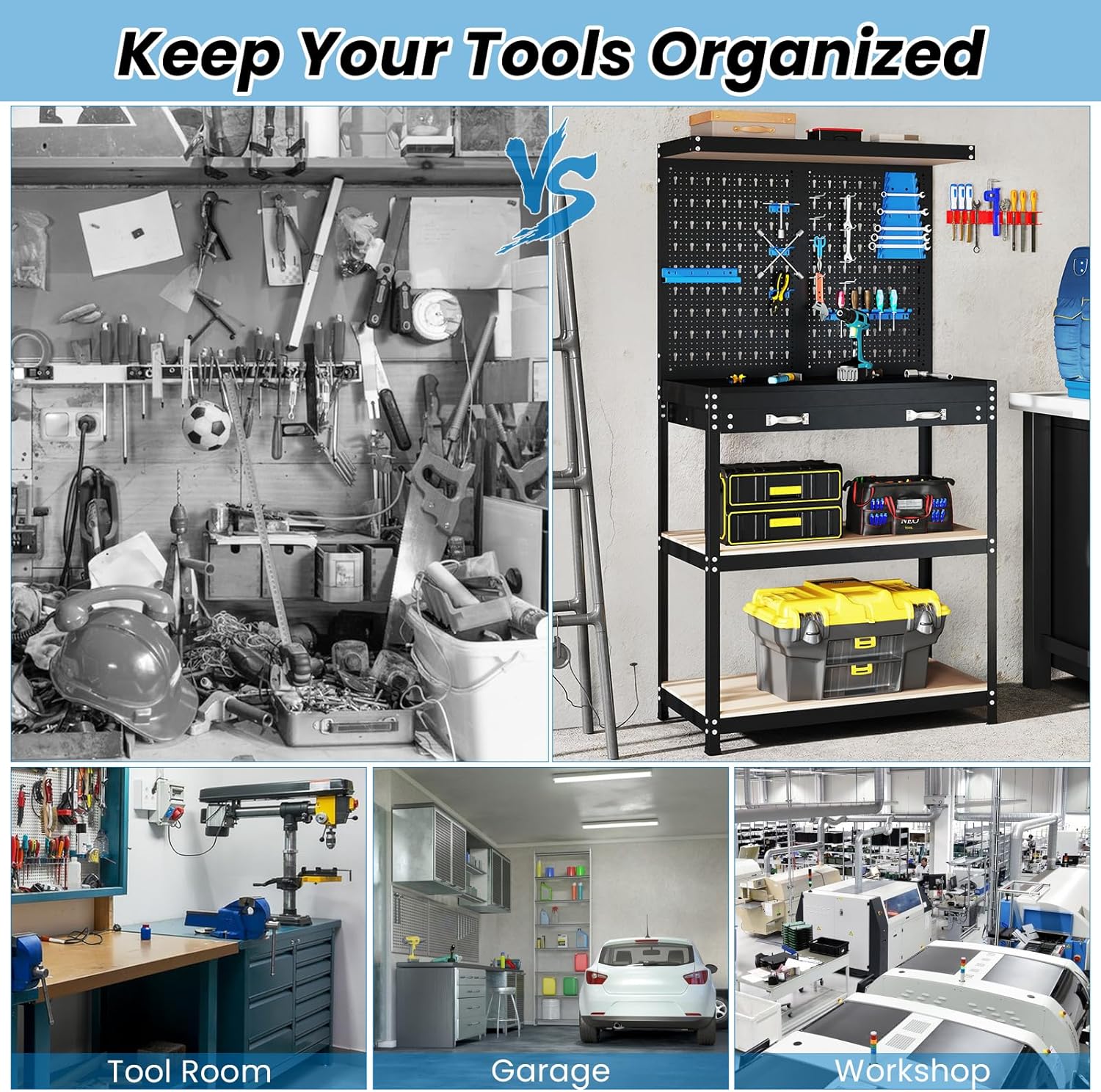 Workbench organizing tools in a workshop setting