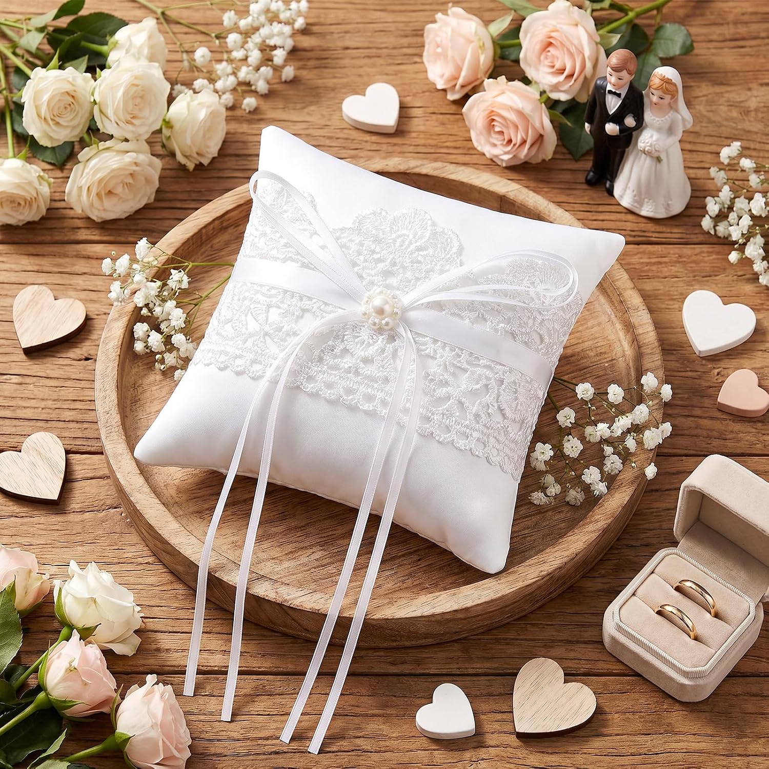 2 PCS Wedding Ring Pillow, 5.9 Inch Lace Pearl Bearer Ivory Satin Bowknot Rings Pillow Barrier Lace Pearl Satin Bowknot Rings Bearers Cushion for Ceremony Wedding Party