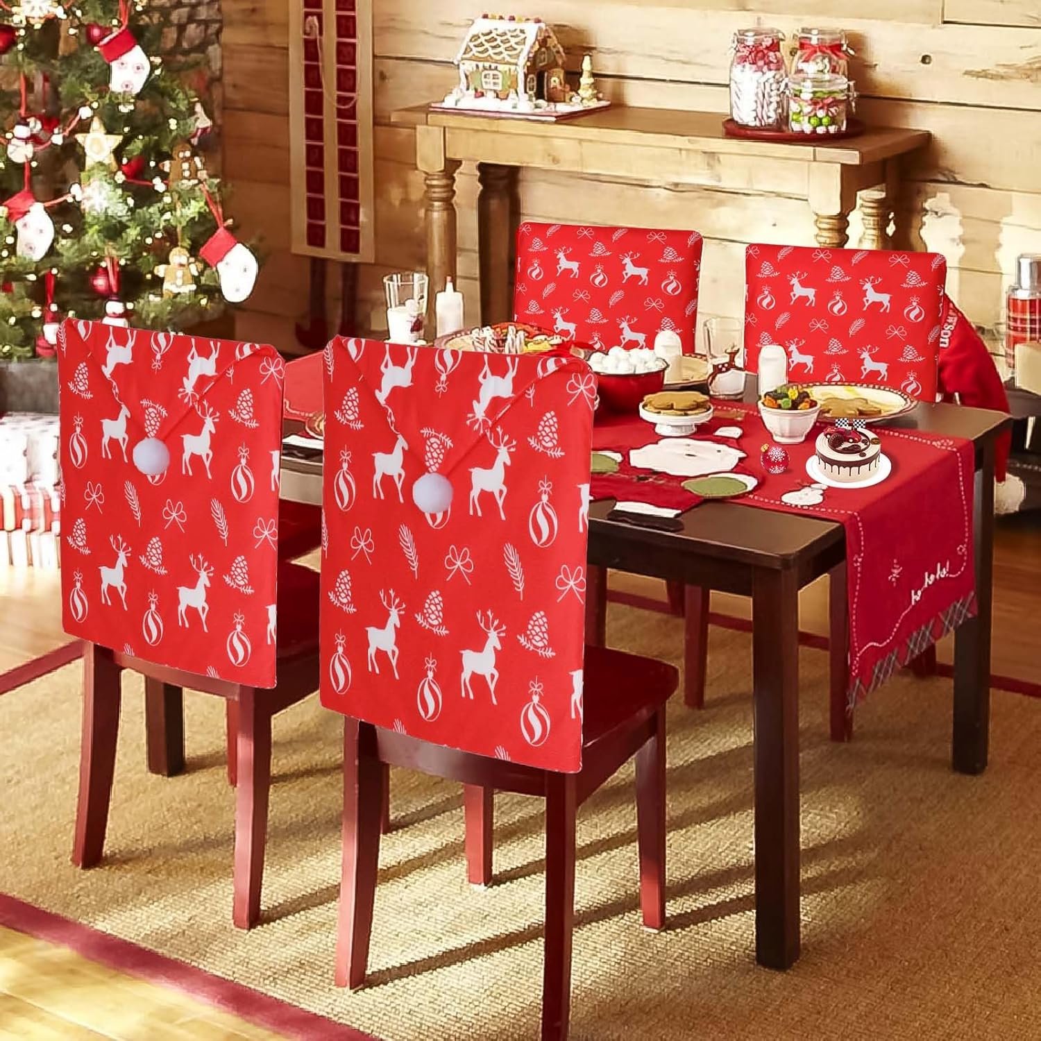 KHOYIME Christmas Chair Covers Set of 4 Xmas Red Santa