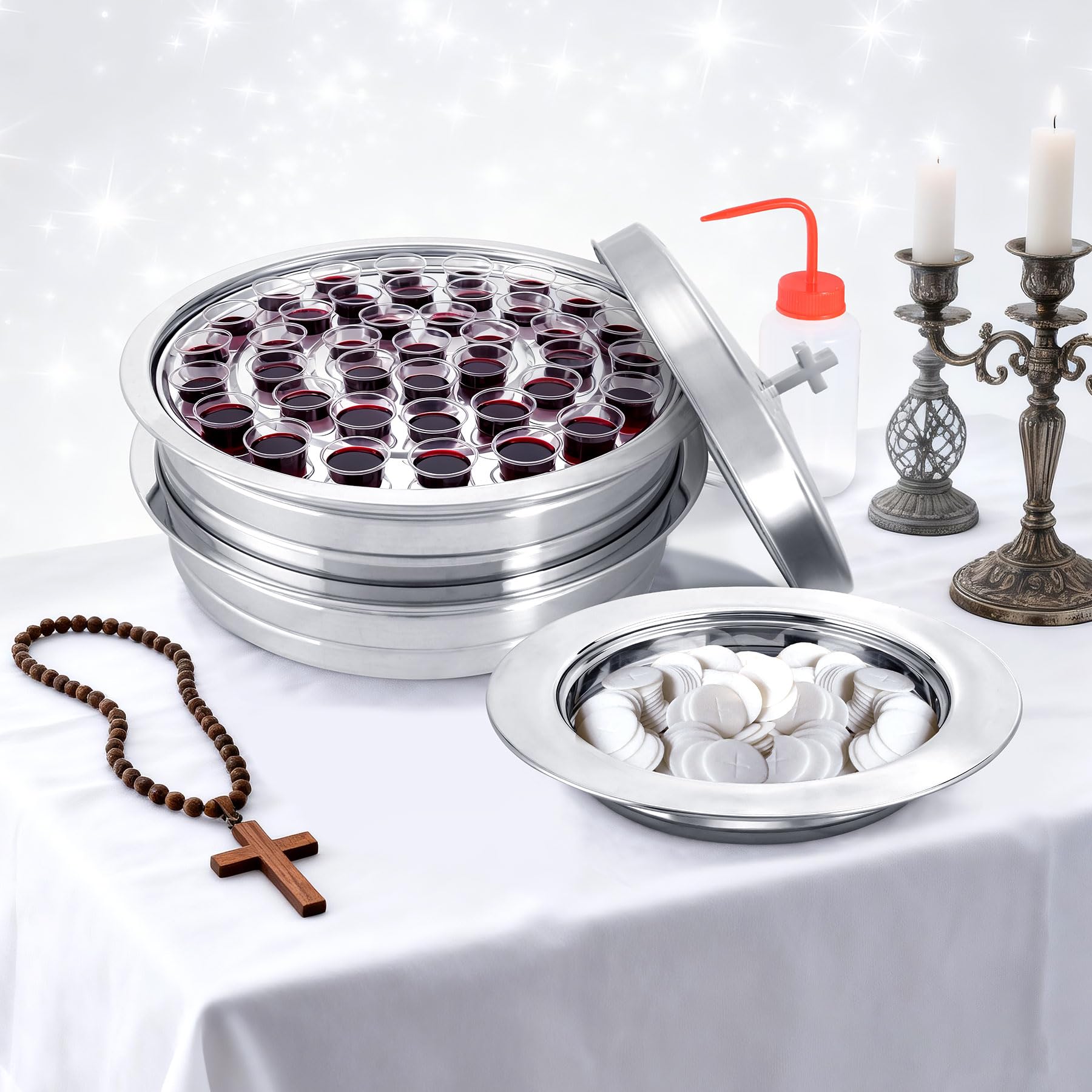 Lot de 2 plateaux à vin de communion en acier inoxydable avec 1 couvercle et 1 assiette à pain avec couvercle, comprend 100 tasses jetables, remplissage de tasses