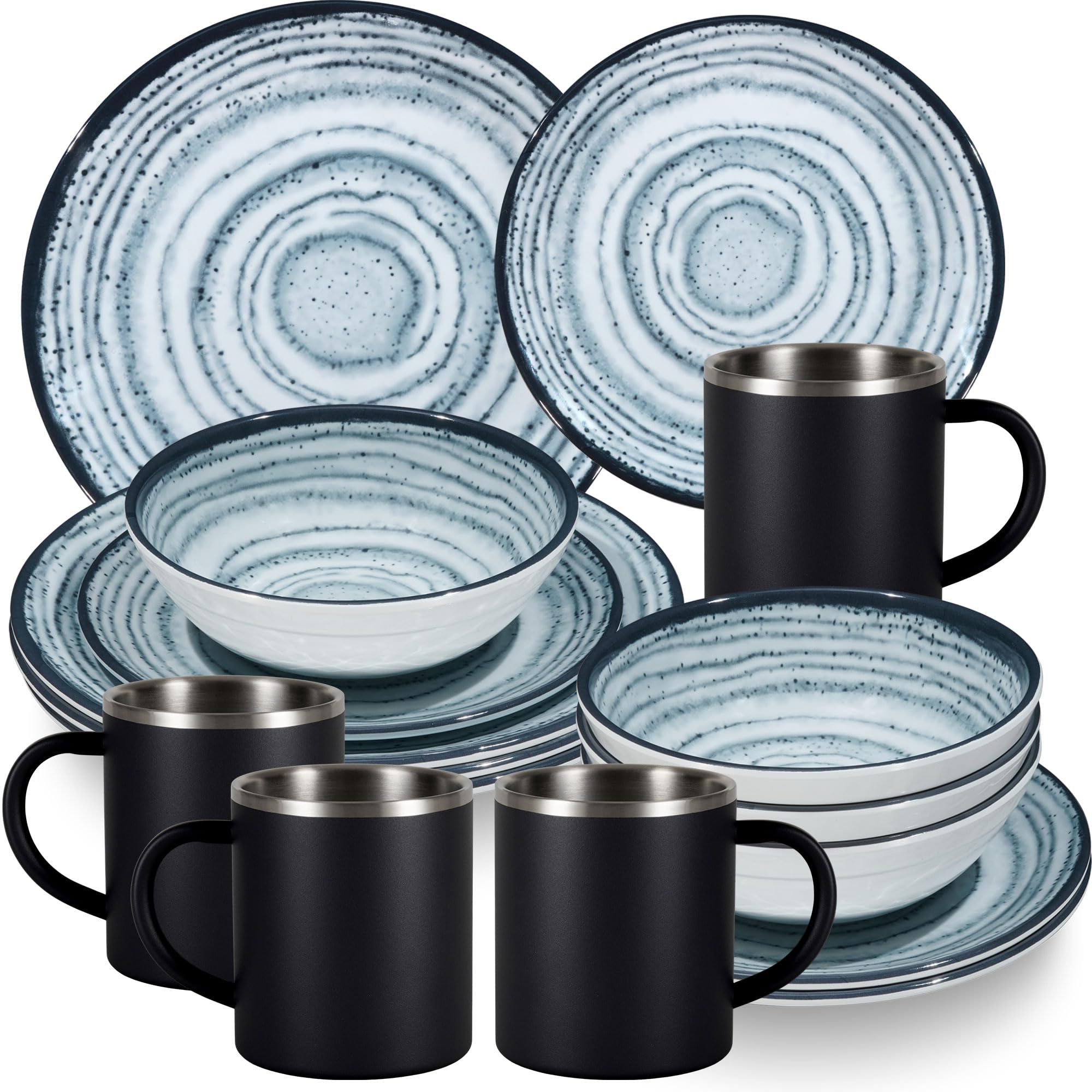 Melamin Geschirr Set Blau Schiefer Edelstahl Thermo Tassen Camping Garten
