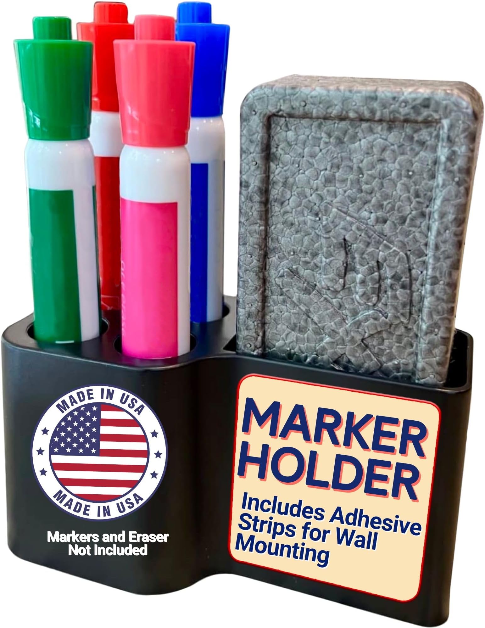 Magnetic Whiteboard Marker Holder - Create Instant Access to Whiteboard Accessories - Holds 4 Dry Erase Markers & an Eraser - Universal Mount for Any Surface - Made in USA, Black 1 Pack
