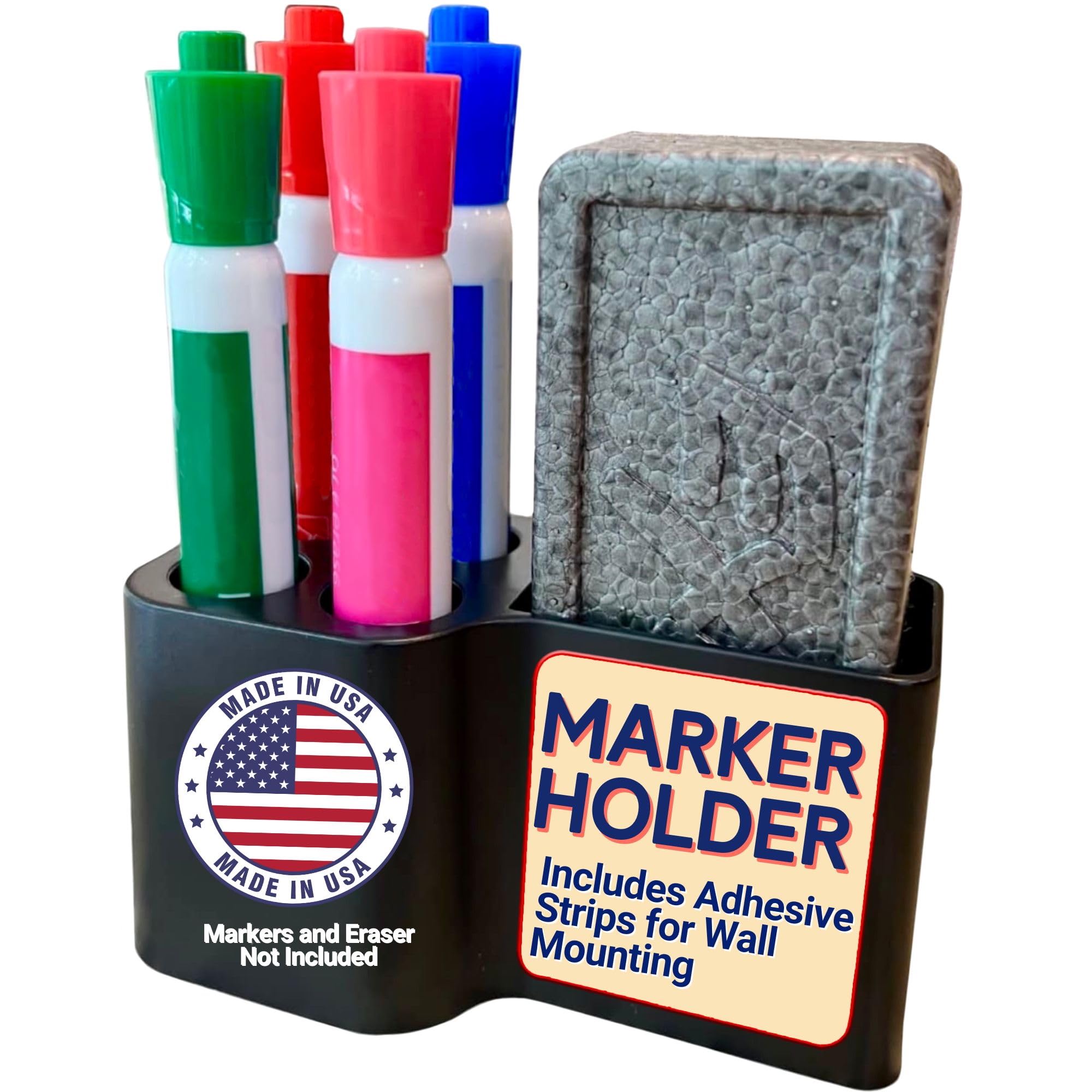 Magnetic Whiteboard Marker Holder - Create Instant Access to Whiteboard Accessories - Holds 4 Dry Erase Markers & an Eraser - Universal Mount for Any Surface - Made in USA, Black 1 Pack