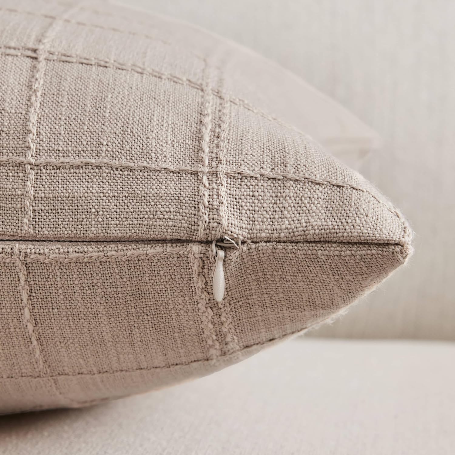 ZeeMart Linen Checked Lumbar Throw Pillow Covers Set of 2, 12x20 Inch Allover Grid Taupe, Farmhouse Decorative Double Sided Grid Embroidered Couch Pillow Cases Taupe Cotton Linen Cushion Covers - Image 3