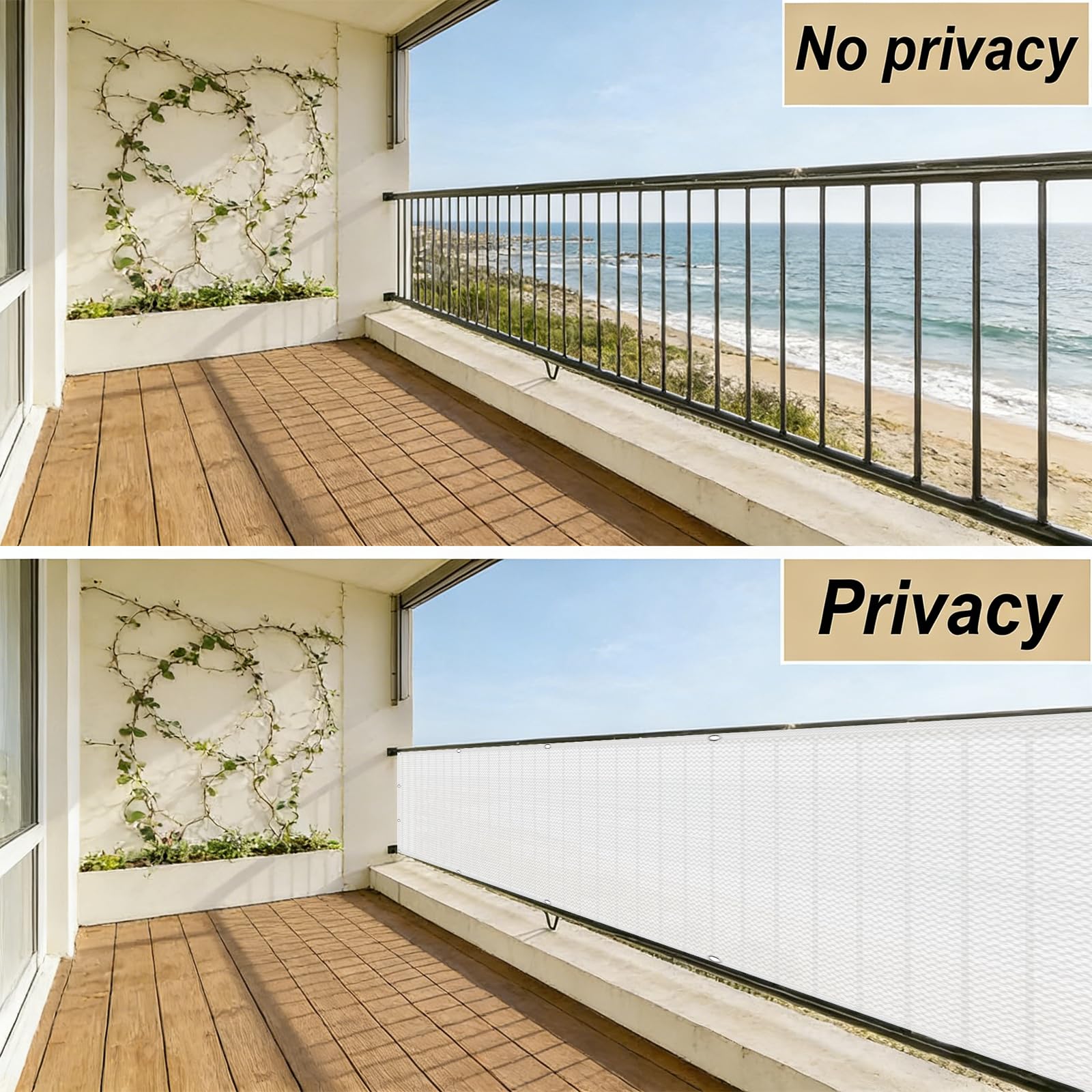 Telo Balcone 110 x 900 cm in HDPE 220G ㎡, Frangivento, Protezione Solare, Permeabile, Anti-Uv, Recinzione Copertura per Balcone con Fascette e Funi para Exterior Terraza, Bianco