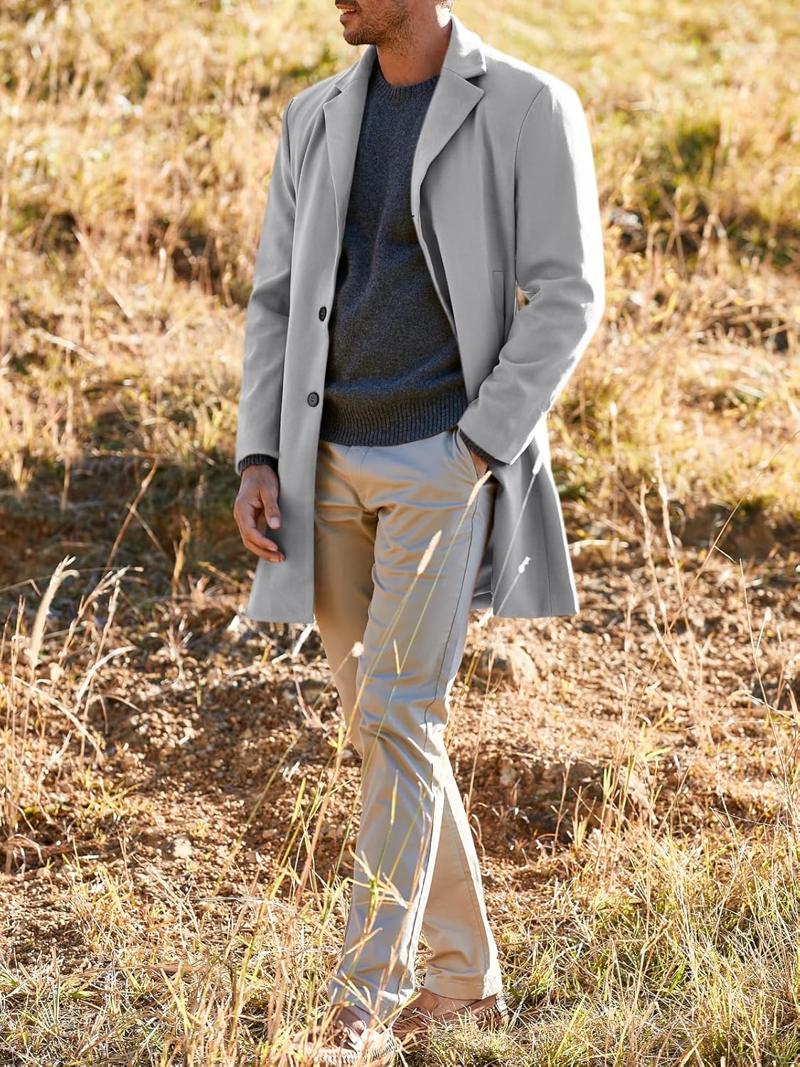 PASLTER Mens Trench Coat Slim Fit Notched Collar Fall Winter Single Breasted Pea Coat Warm Soft Overcoat - Image 4