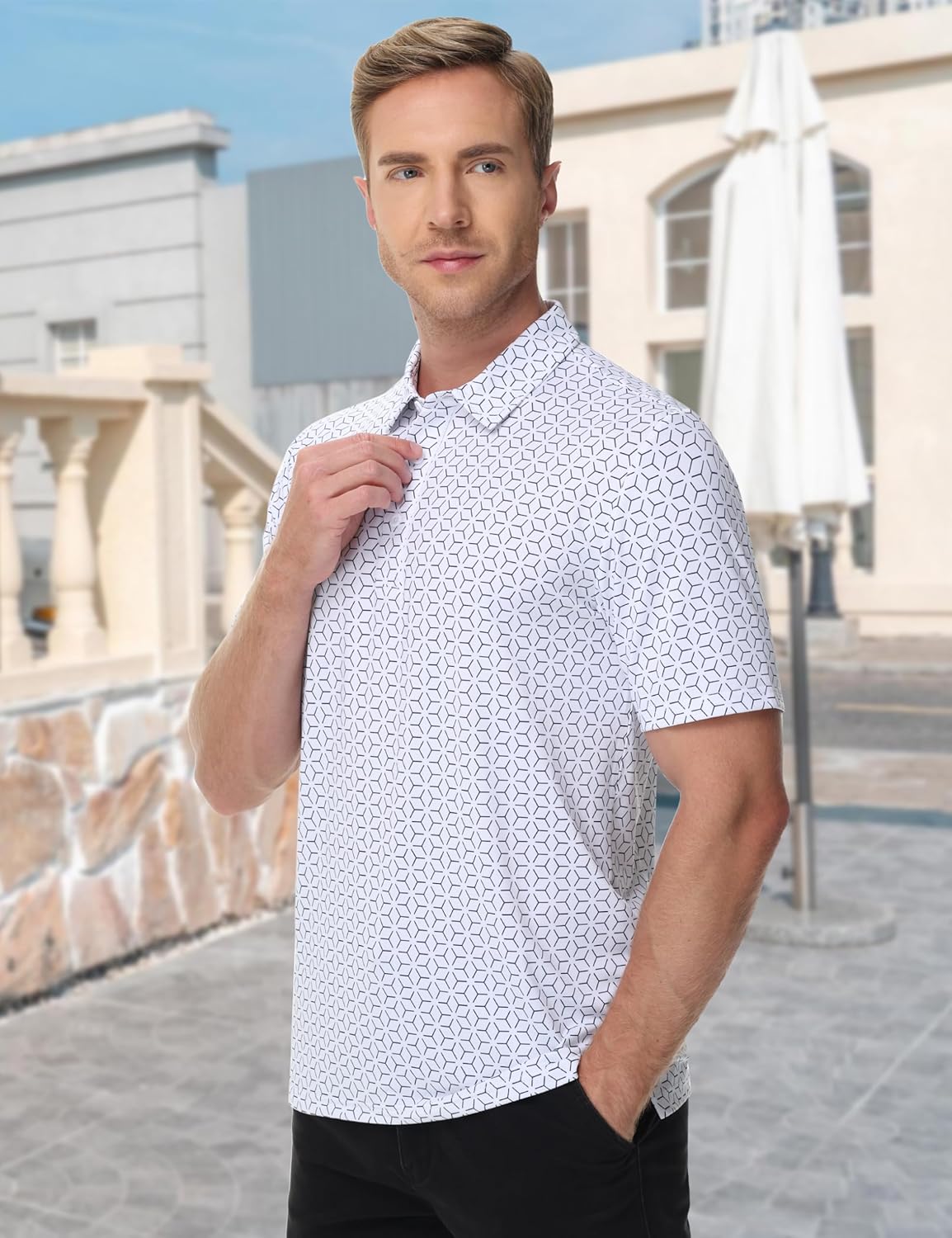 Cotrasen Mens Golf Polo Shirts Short Sleeve Quick-Dry Print Tee Shirt Moisture Wicking Performance Polo Strech Shirts - Image 3