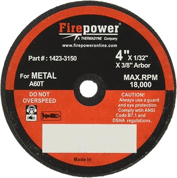Firepower 1423-3182 Type 1 Abrasive Cut-Off Wheel for Metal, 4-Inch Diameter, 1/32-Inch Width with 3/8-Inch Hole, 5-Pack