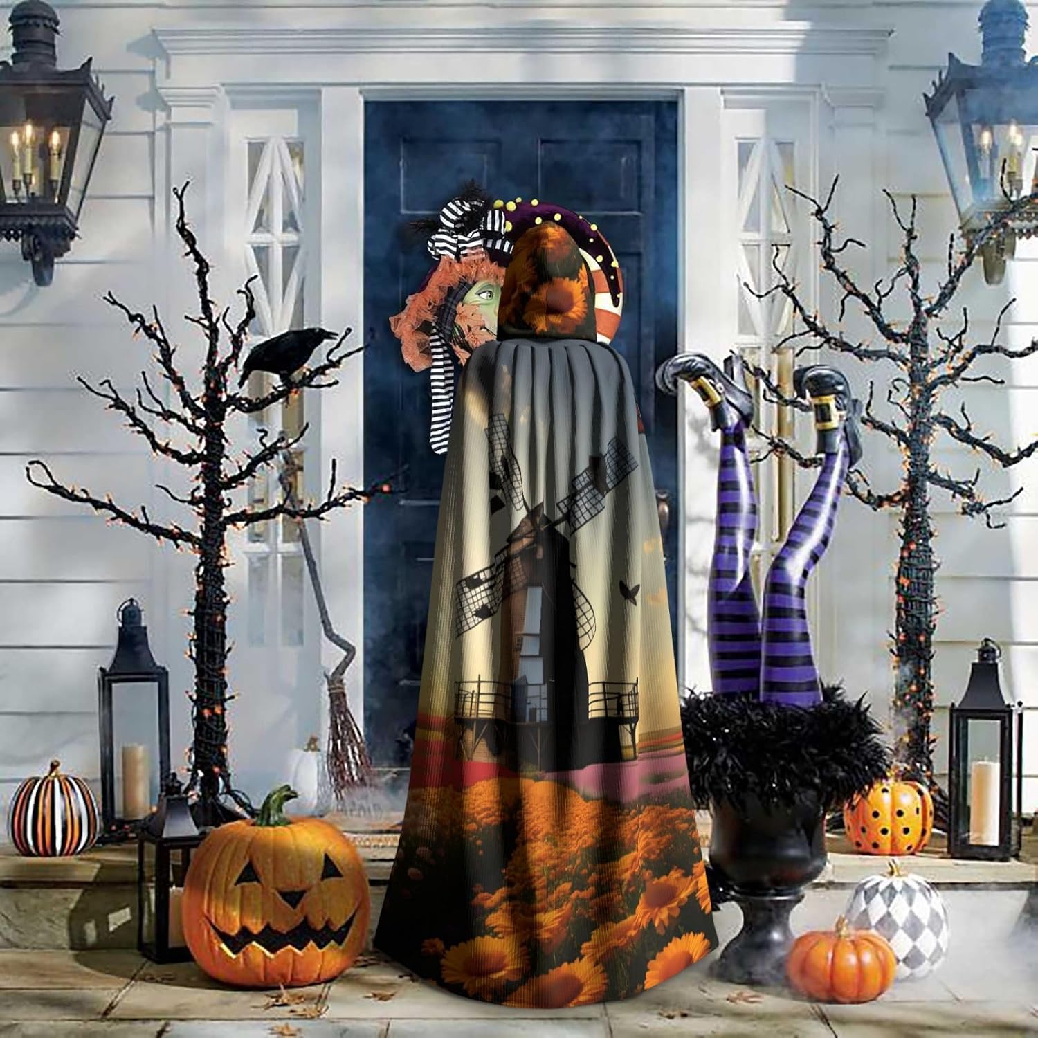 Unisex Full Length Hooded Halloween Christmas Party Robe Cloak Cape Cosplay Costume Men Women Beautiful Sea of Flowers Prints Black
