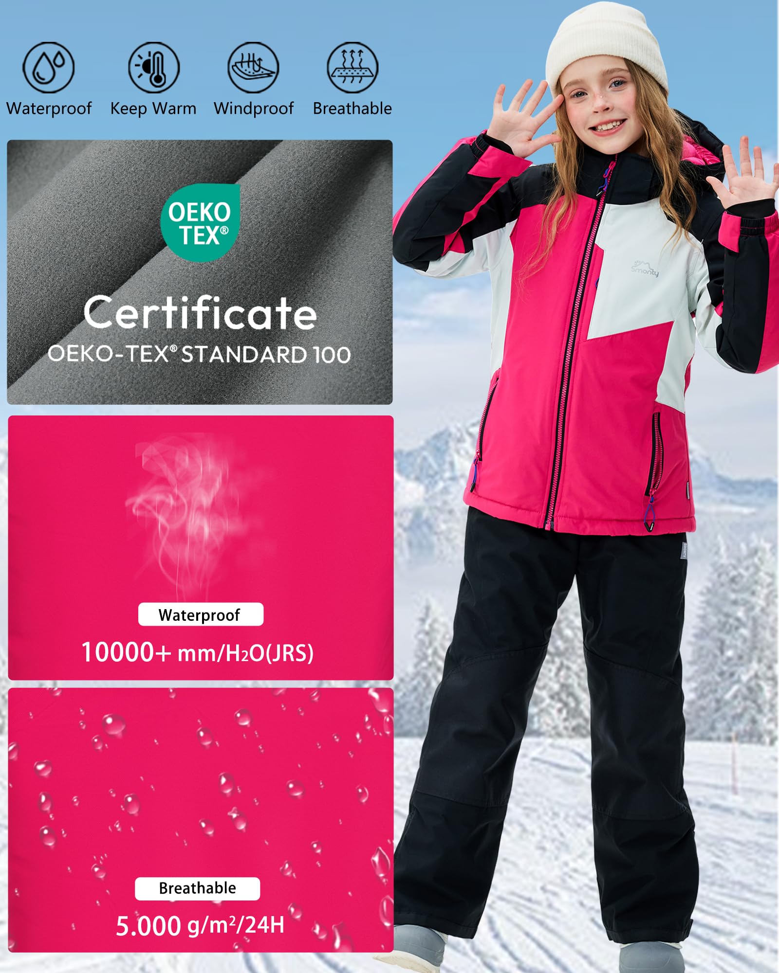 SMONTY Winter-Skijacke für Kinder, Jungen, Mädchen, wasserdicht, winddicht, Snowboard, warm, Schnee, Outdoor, Kapuzenmantel