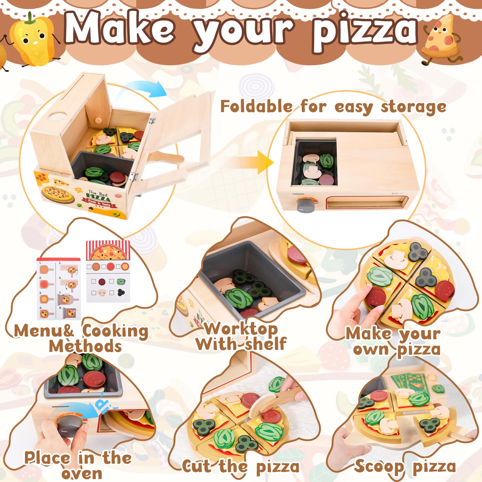 JOYBOY Pizza Giocattolo in Legno,Set Pizza in Legno,Set da Gioco per Pizza,Giocattolo Educativo per L'apprendimento Playset in Legno con Forno,Regalo di Compleanno di Natale per 3 4 5 6 Anni