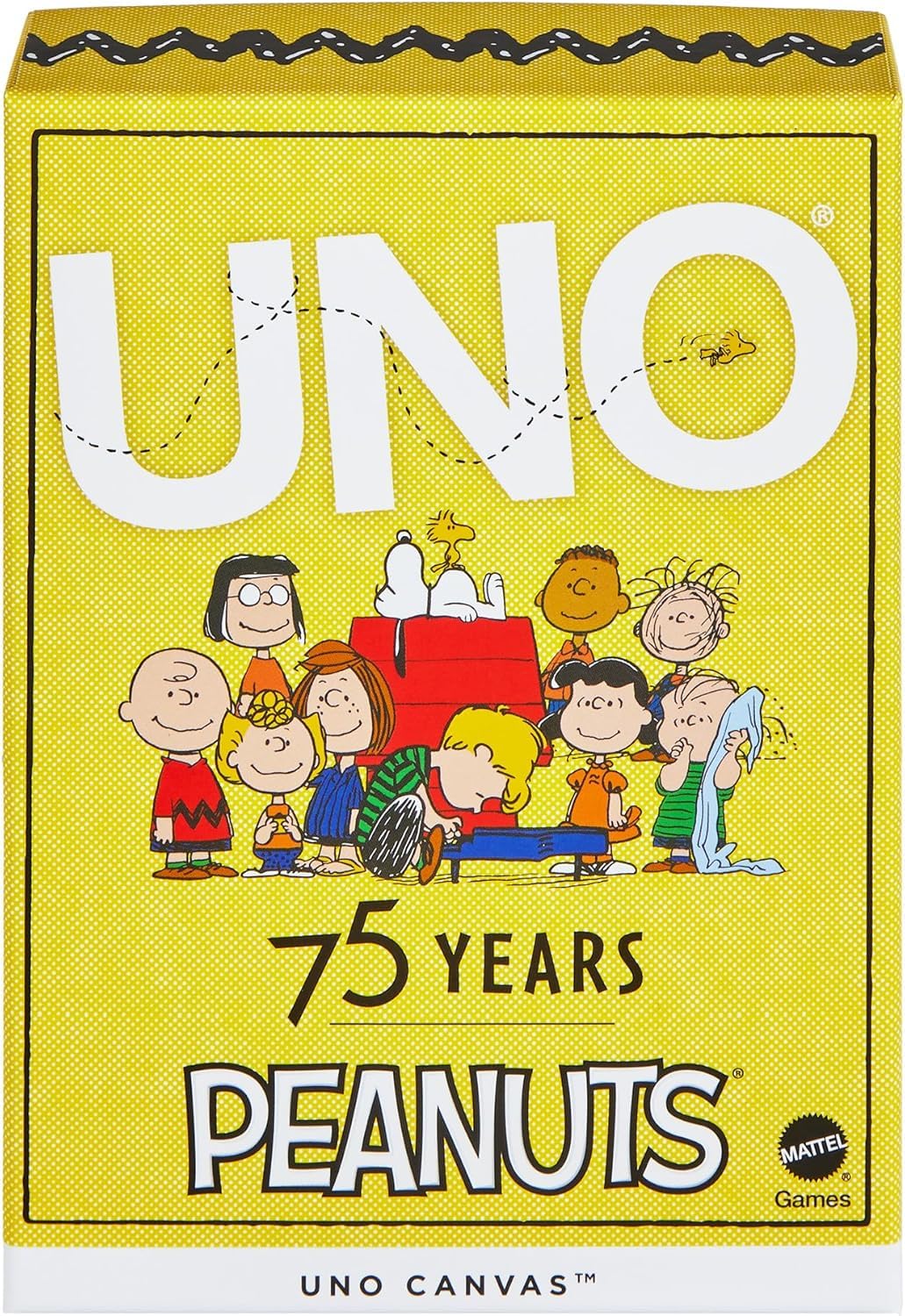 Mattel Peanuts UNO Jeu de cartes, jaune, 112 cartes, pour enfants de 7 ans et plus, 2 à 10 joueurs (UNbox Japan Exclusive)