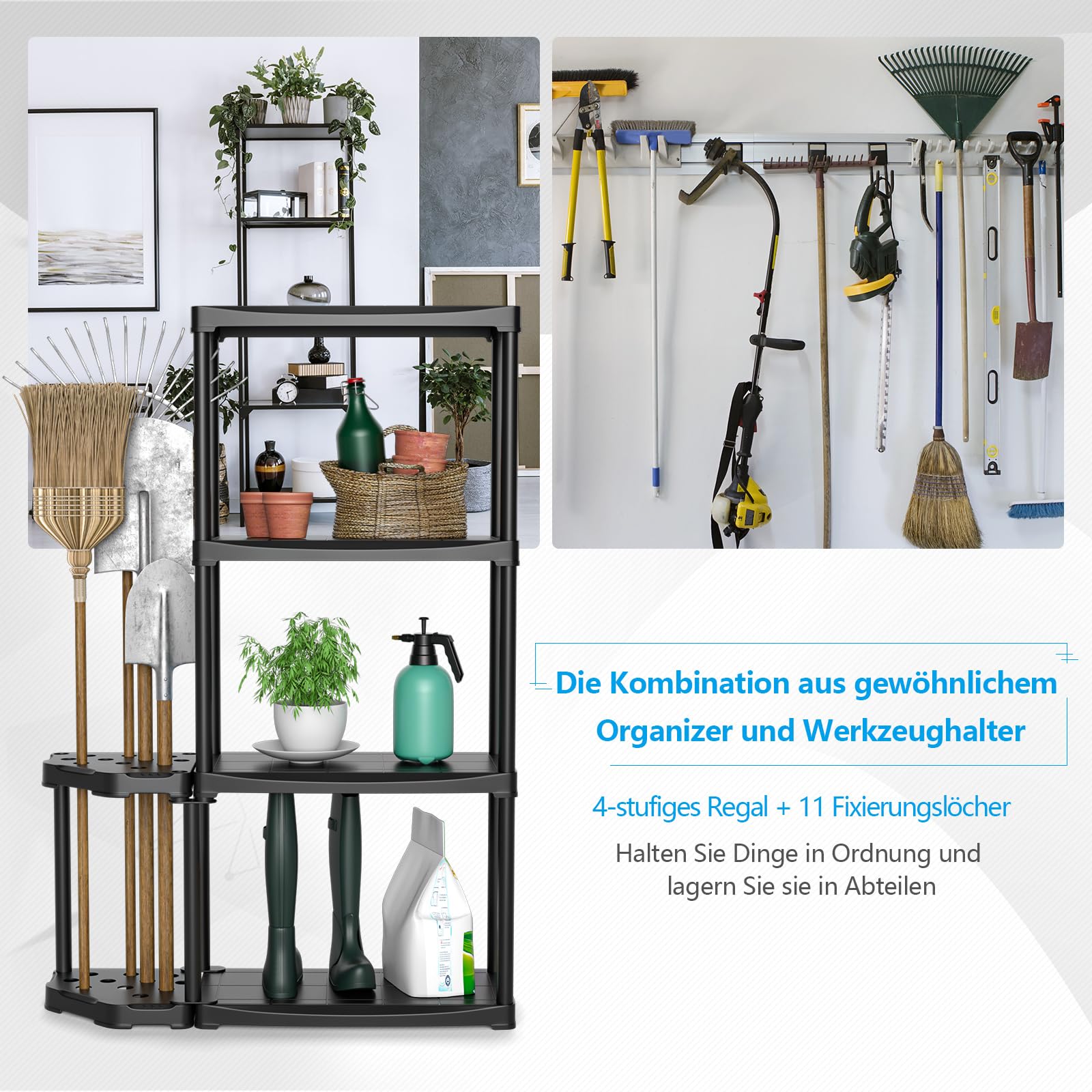 COSTWAY Lagerregal mit 4 Fachböden, Steckregal mit 12 Löchern für Werkzeuge Besen Schaufel, 20 kg belastbar jeder Ebene, Garagenregal mit Besenhalter, Werkstattregal für Keller Lager, Schwarz