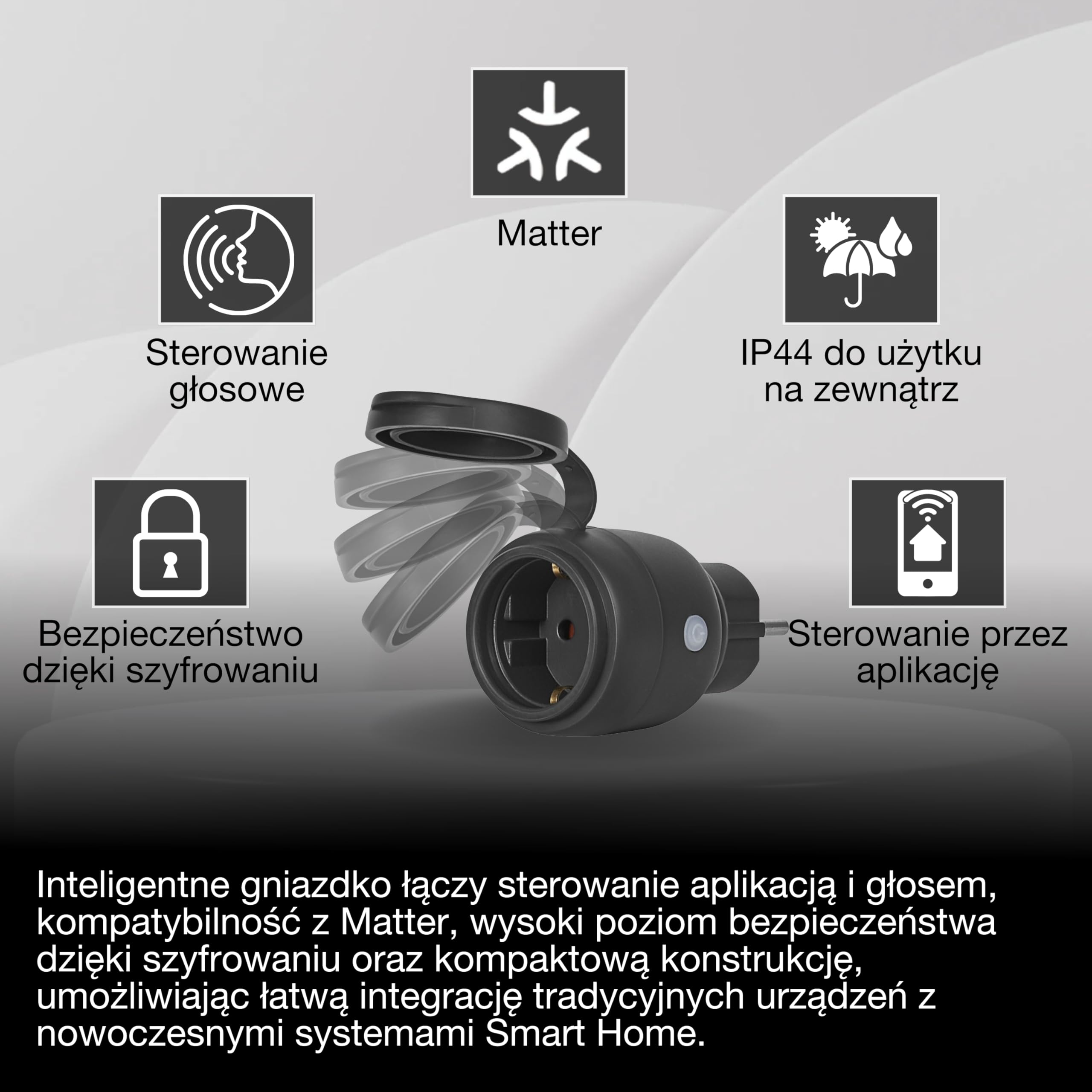 OSRAM Gniazdo zewnętrzne EU SMART+ MATTER, gniazdo zewnętrzne z kontrolą zużycia energii w kolorze czarnym wykonane z PP, stopień ochrony IP44, integracja urządzeń z inteligentnym domem