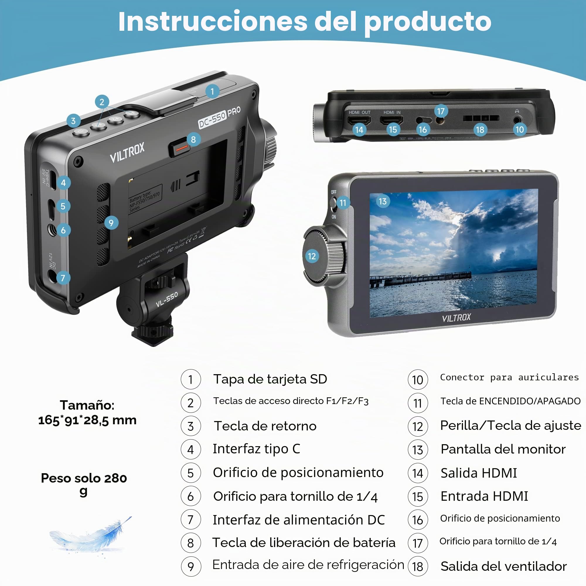 VILTROX DC-550 DSLR Monitor de cámara Pantalla táctil 5.5 Pulgadas 1200nits 1920x1080 HD 3D LUT 4K HDMI Entrada Salida Asistente de Enfoque de Video Monitor de cámara Externo con Parasol/batería