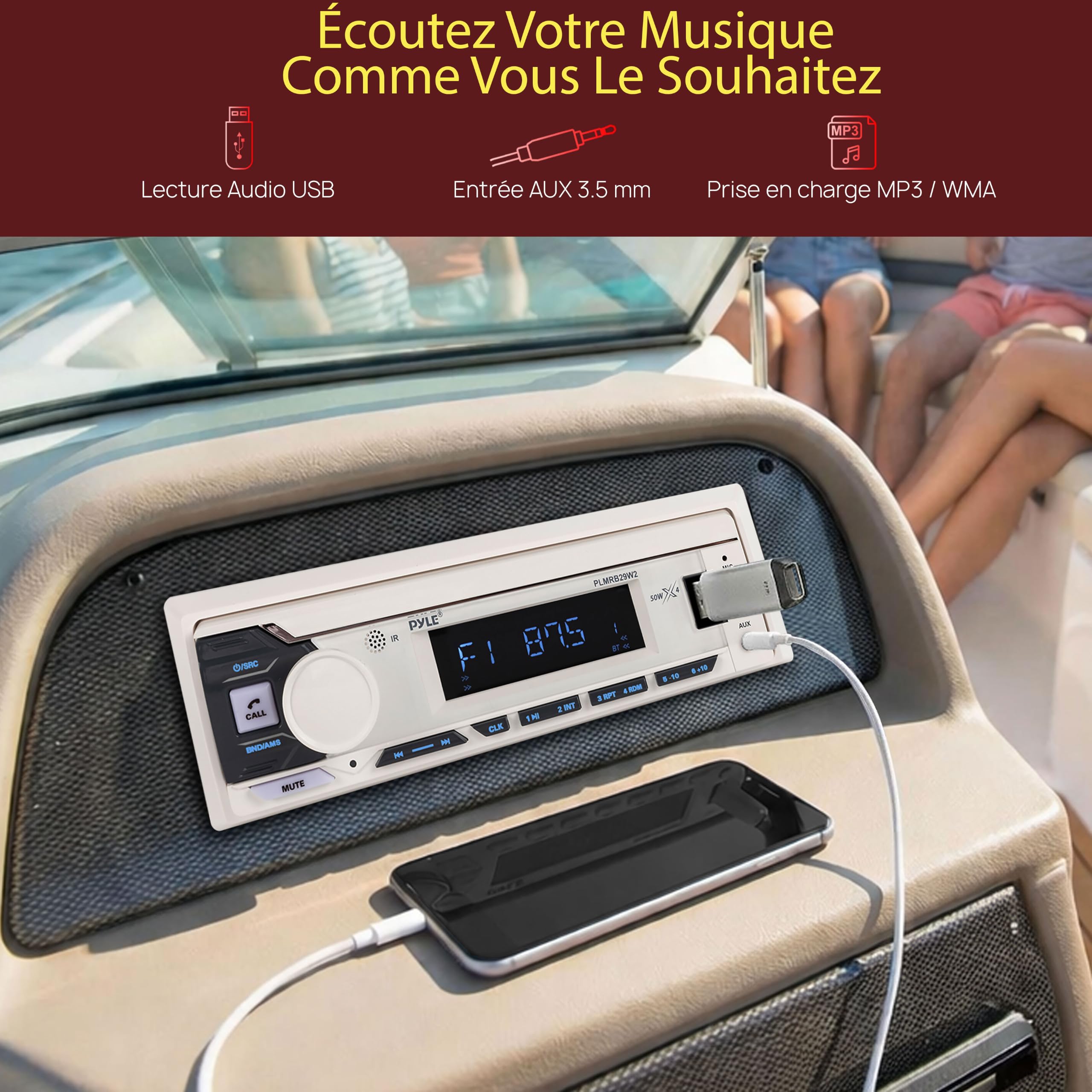Pyle Autoradio Bluetooth Marin Single DIN, Récepteur Bateau Voiture - Blanc