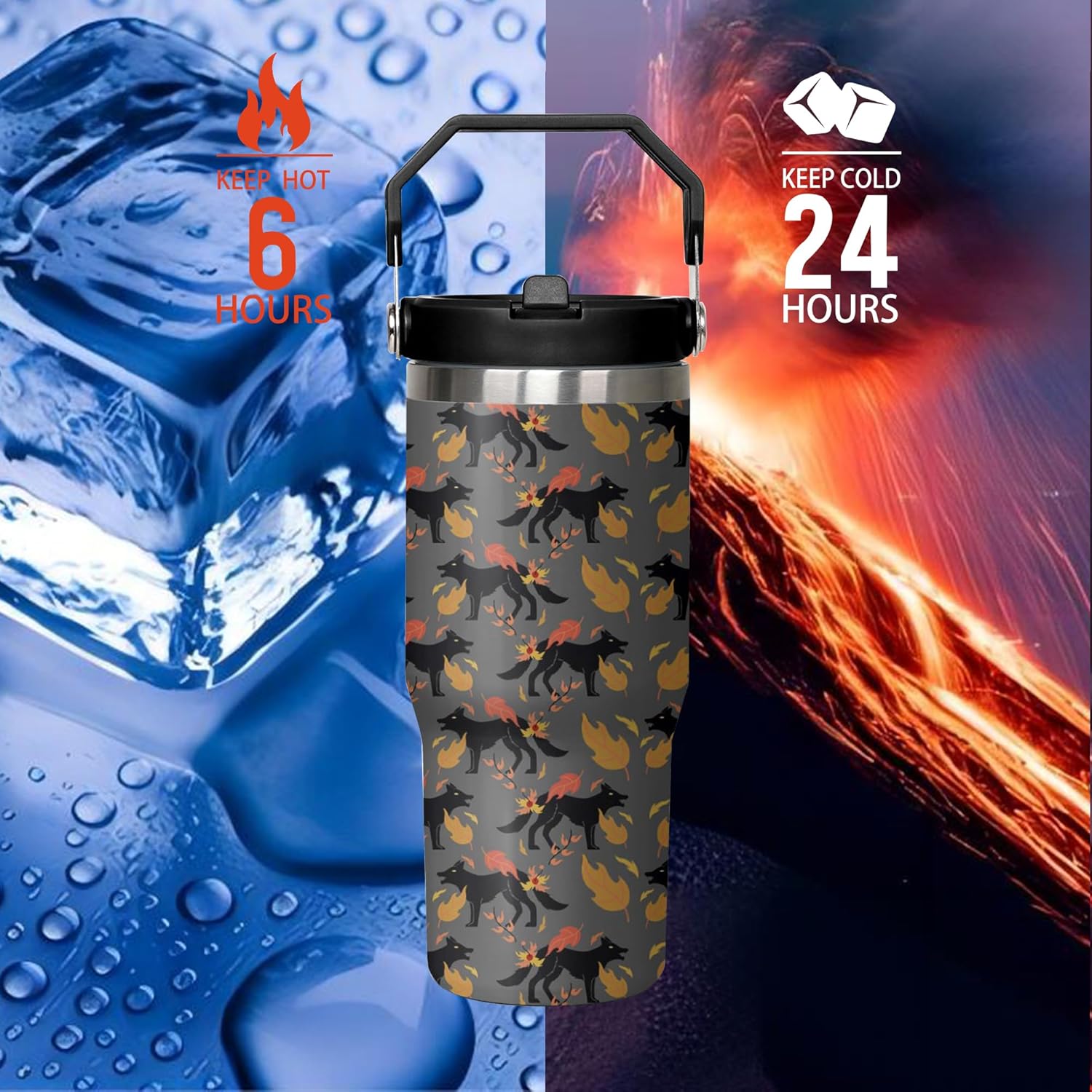 30oz Wolf Tumbler with Handle and Flip Straw, Stainless Steel Insulated Cup, Travel Coffee Mug Water Bottle, Birthday Mothers Day Chritmas Gifts for Women Animal Lovers - Image 4