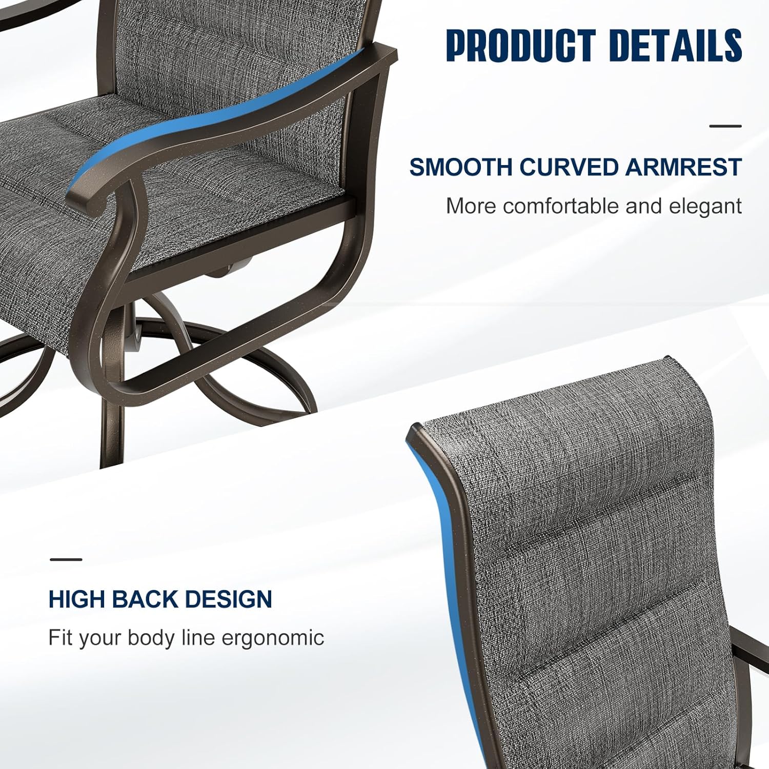 UDPATIO Patio Swivel Chairs Set of 4, Outdoor Swivel Chairs High Back with Padded All Weather Breathable Textilene, Metal Rocking Frame for Backyard Lawn Garden, Dark Grey