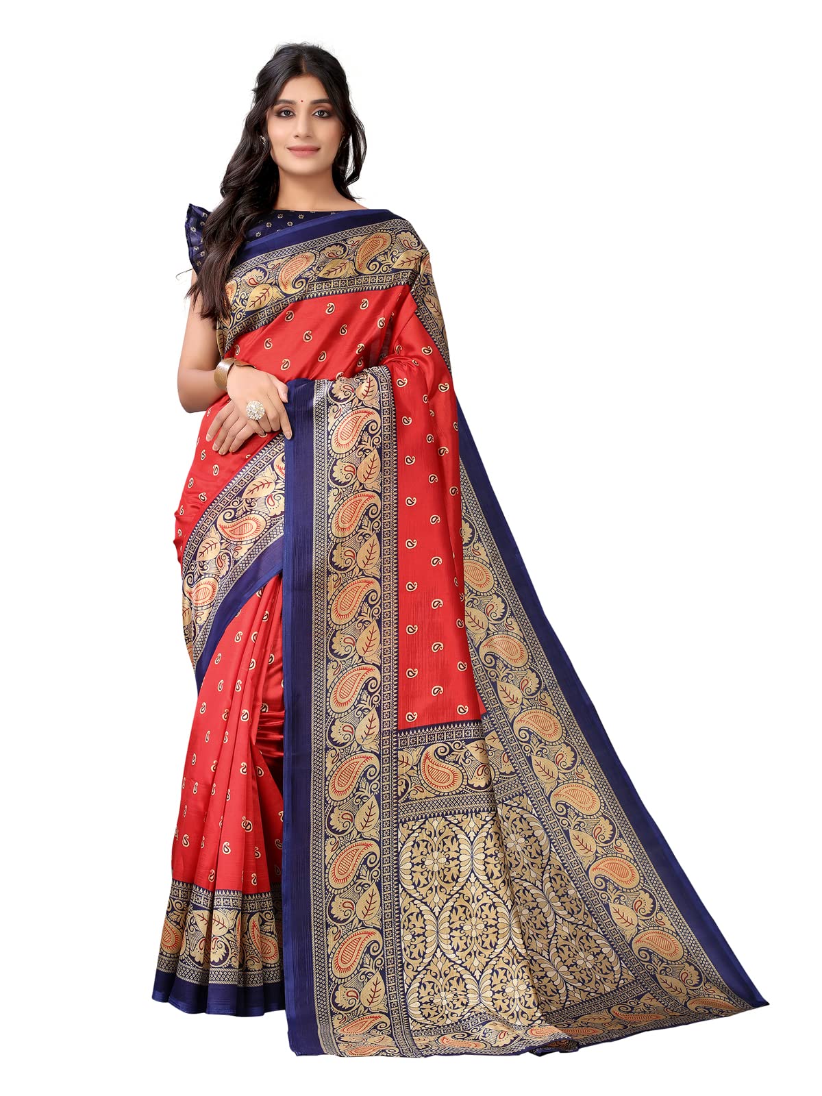 Satrani Women's Printed Poly Silk Saree with Unstitched Blouse Piece