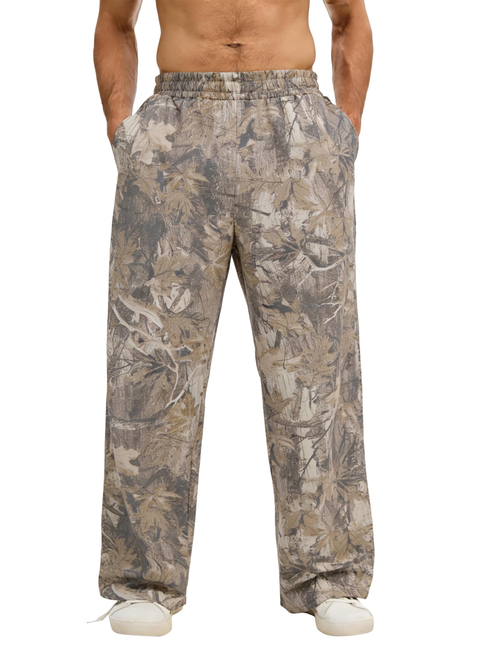 MSBESYOR Mens Baggy Camo Graphic Print Sweatpants Workout Athletic Joggers Pants for Men Wide Leg Hunting Sweat Pant, Khaki Green, Medium