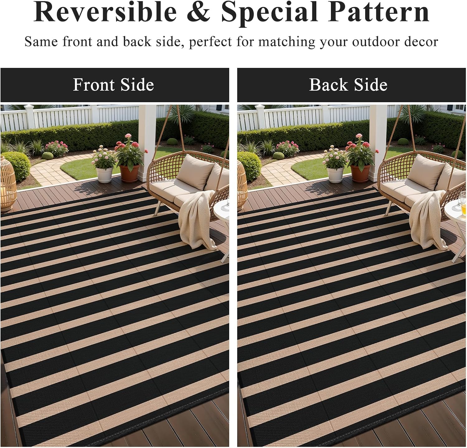 Vaukki Waterproof Outdoor Rug 5x8, Reversible Striped Patio Rug, Lightweight Plastic Straw Camping Mat, Indoor Outdoor RV Carpet for Outsides, Patio, Camping, Balcony, RV and Deck, Black and Beige