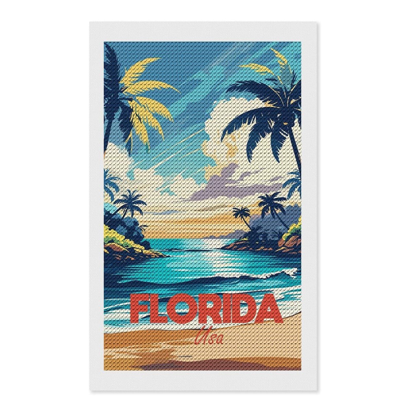 Junmoney Florida Beach Travel Diamond Art Kit 12"x20", for Beginners, Vintage Style Decor, Good for Quiet Evenings, Festive Craft Gift
