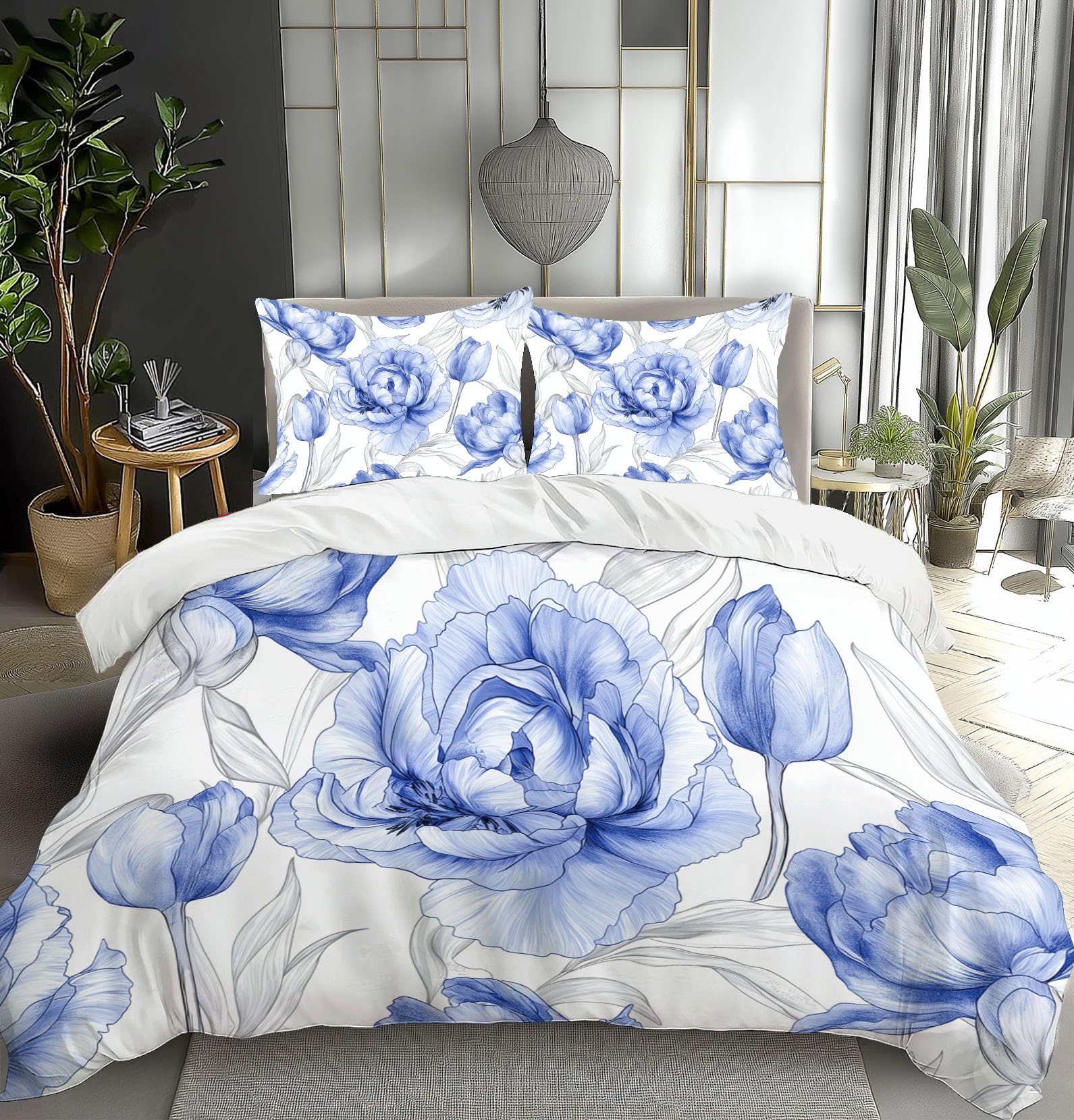 Parure de lit 3 pièces zippée抗皱微纤维印花四件套蓝色白色 220x240