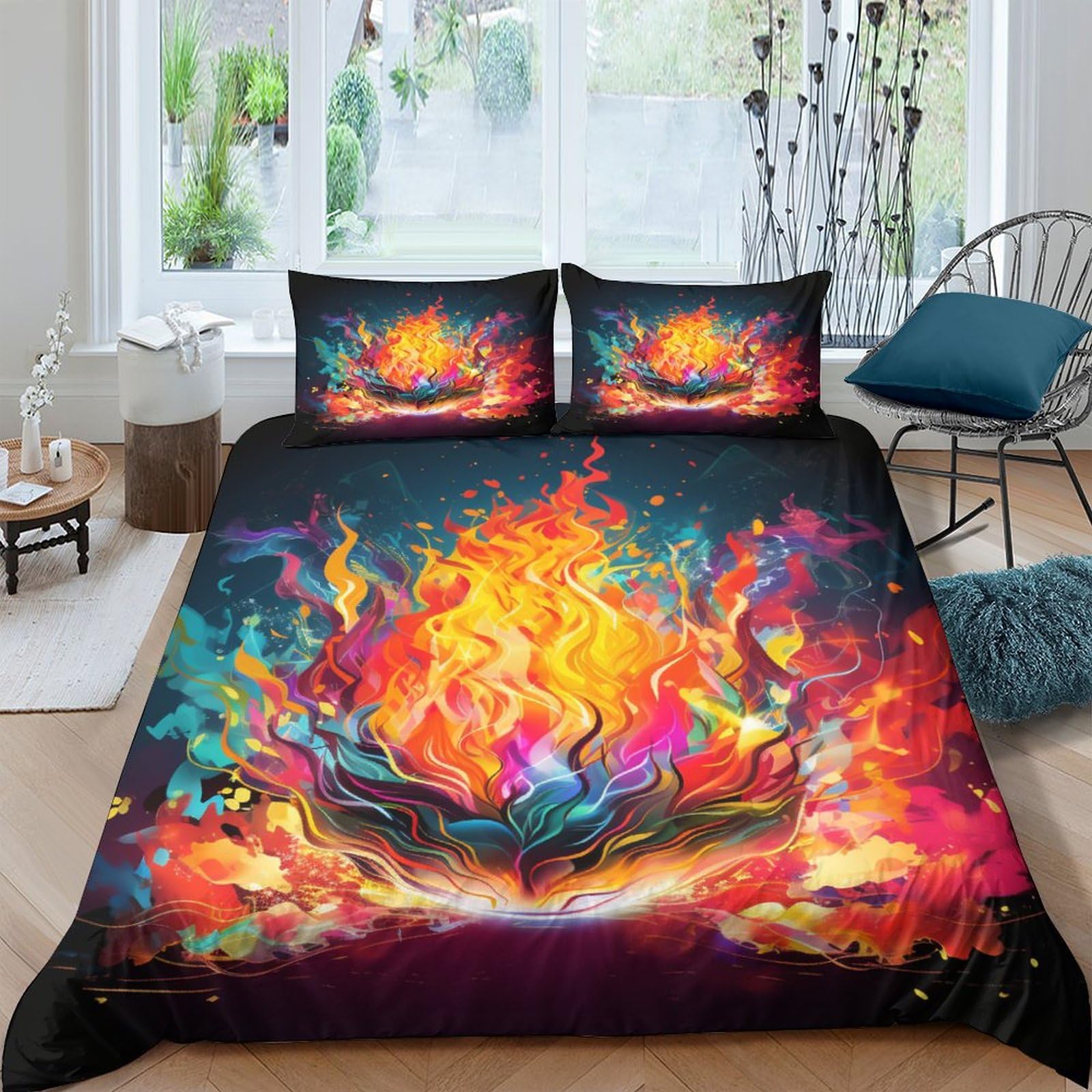 Housse de couette microfibre douce anti-plis imprimé flamme 3D