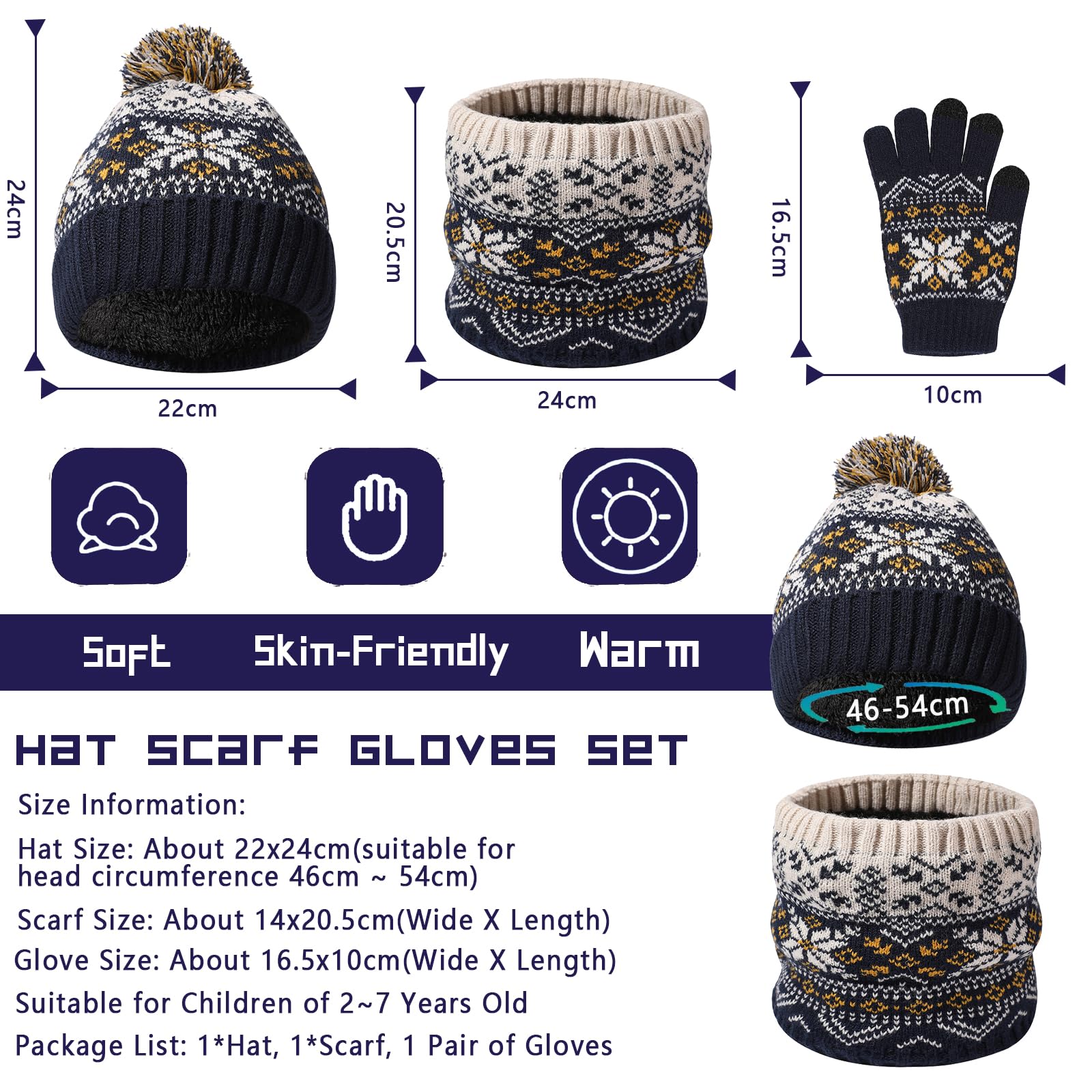 Ensemble de Bonnet Echarpe Gants Hiver pour Enfants de 2 à 7 Ans avec Doublure Double Épaisseur, Bonnets Tricotés avec Pompon et Snood Gant pour Garçons Filles