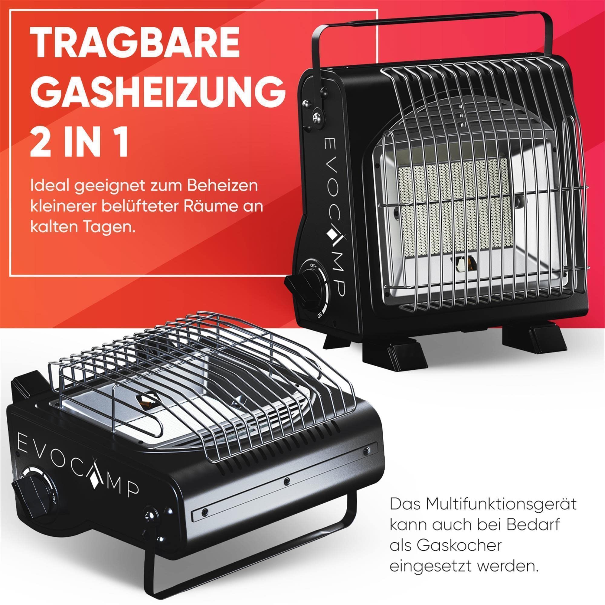 EVOCAMP Draagbare Gasverwarming 1,7 KW - Keramisch - Incl. 28 Gaspatronen - Binnen & Buiten