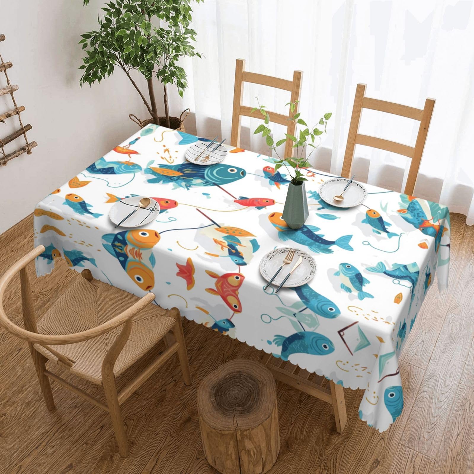 QAZWZML Blue Fish Printed tablecloth, made of thick polyester with lace trim, suitable for dining rooms, picnics, and weddings