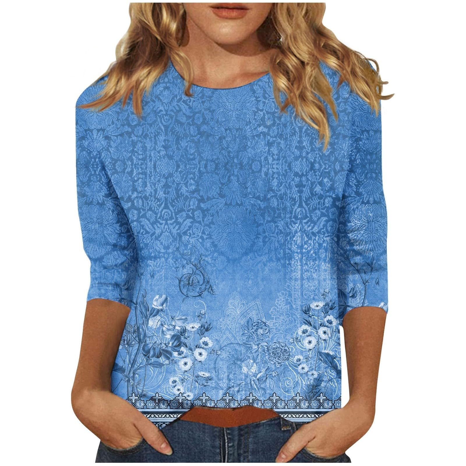 Womens 3/4 Sleeve Tops and Blouses Dressy Casual Floral Print Crewneck Tshirt Tunic Tops Loose Shirts Graphic Tees