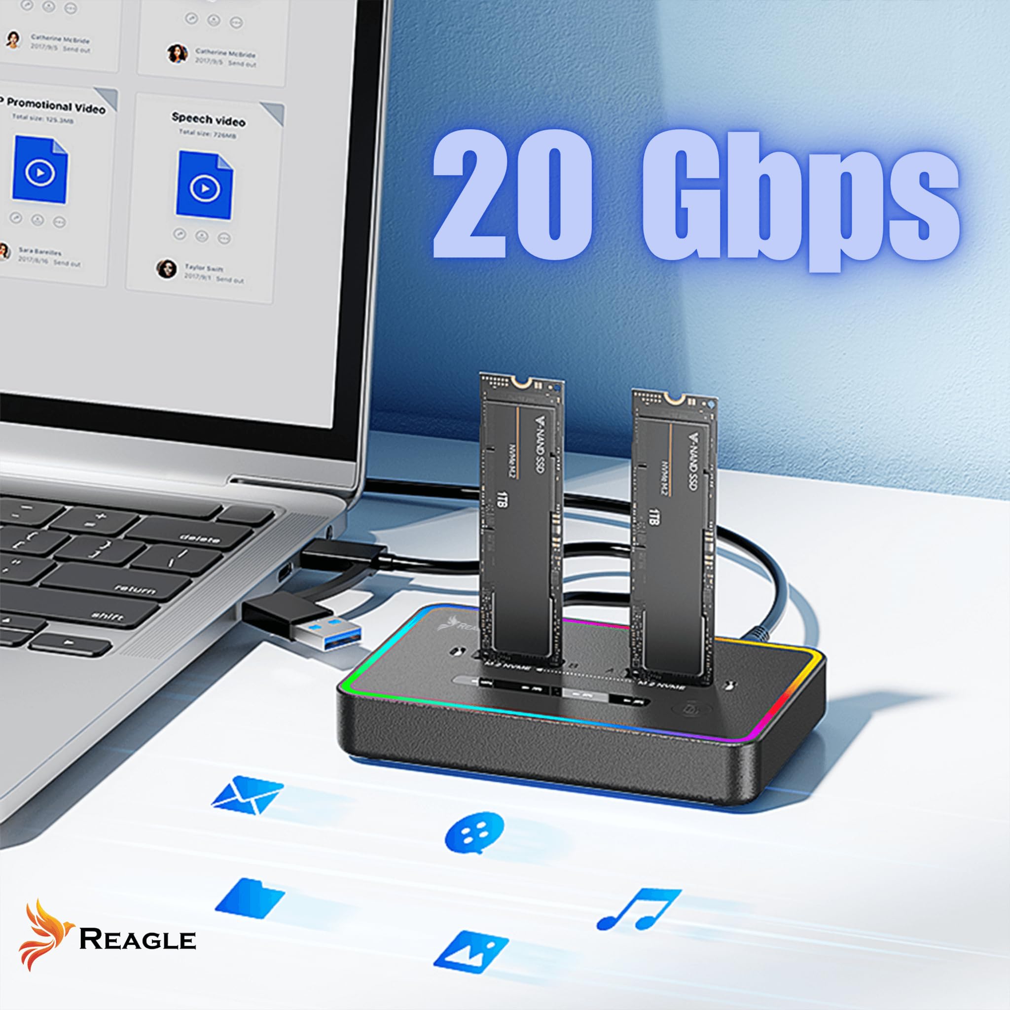 Reagle Stacja dokująca do dysków twardych Pocket Cloning Station NVME PCIe M.2 M Key 2230 / 2242 / 2260 / 2280 USB-C 3.2, 2X 4TB SSD Adpater 20 Gbps