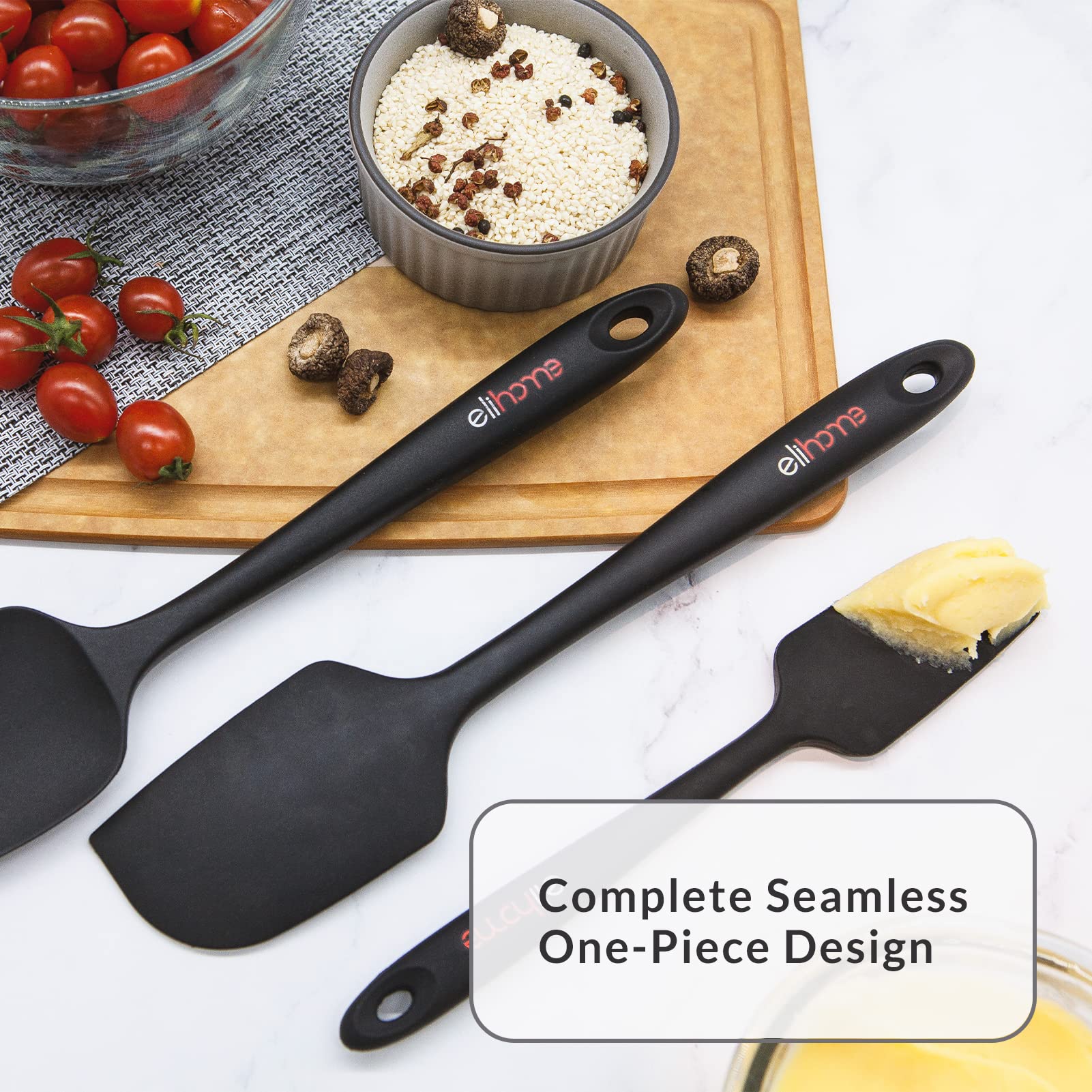 Elihome Chef Series - Juego de espátulas de silicona de 3 piezas, resistentes al calor, antiadherentes, espátulas para cocinar, hornear, mezclar, sin BPA y silicona certificada LFGB (negro)