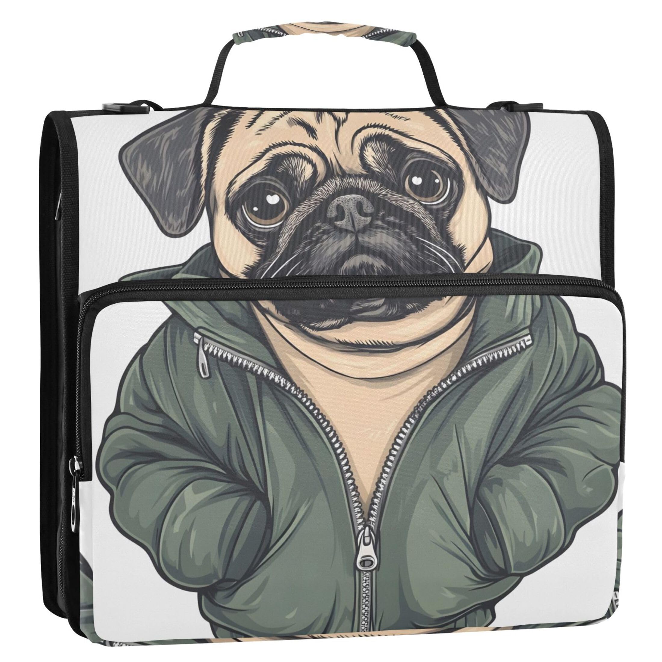 1.5 Inch Binders 3 Ring Heavy Duty Cute Pug Dog Print Funny Zippered Binder Organizer Binder with Shoulder Strap for School Colorful Portfolio & Case Ring Folder Holder — image 1