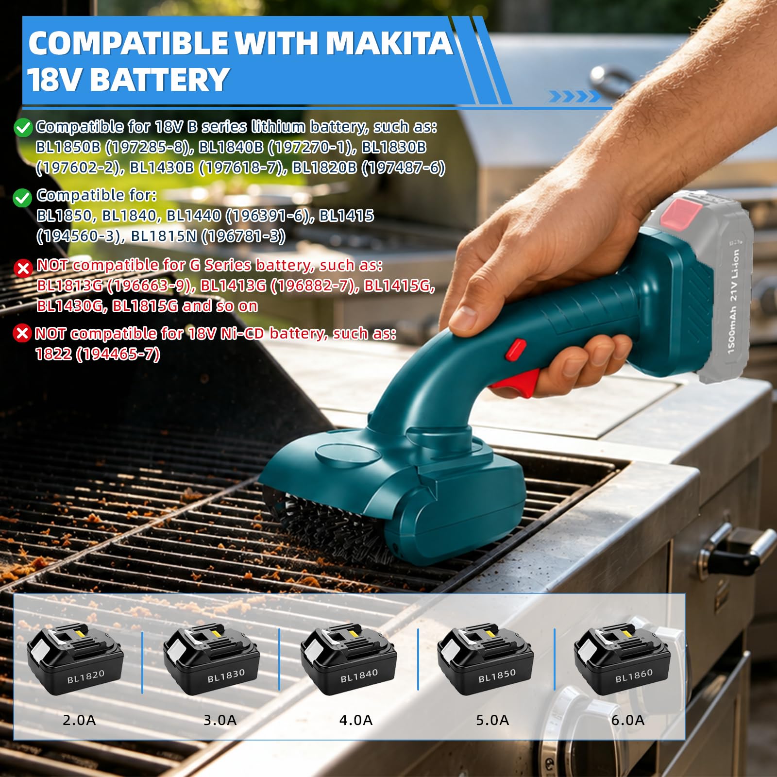 Elektrische Grillbürste für Makita 18V Akku, kabellos mit Edelstahl- & Nylonbürstenkopf, rotierend für Grillrost, Küche & Außenbereich (ohne Akku)