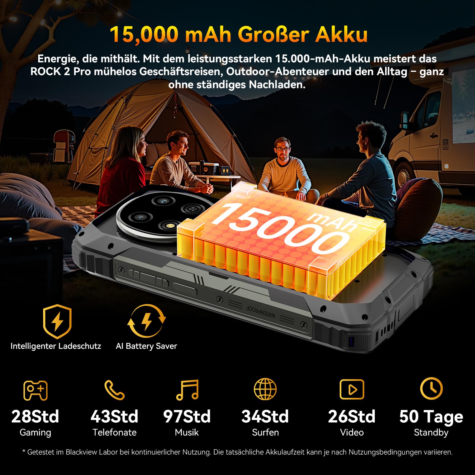 Blackview Rock 2 Pro Outdoor Handy Ohne Vertrag, Android 16 Outdoor Smartphone 5G 32GB+256GB, 6.67" HD+ Display 120Hz 15000mAh IP69K, 16MP AI Kamera, NFC/OTG/GPS/Gemini AI/Glove Mode 2.0