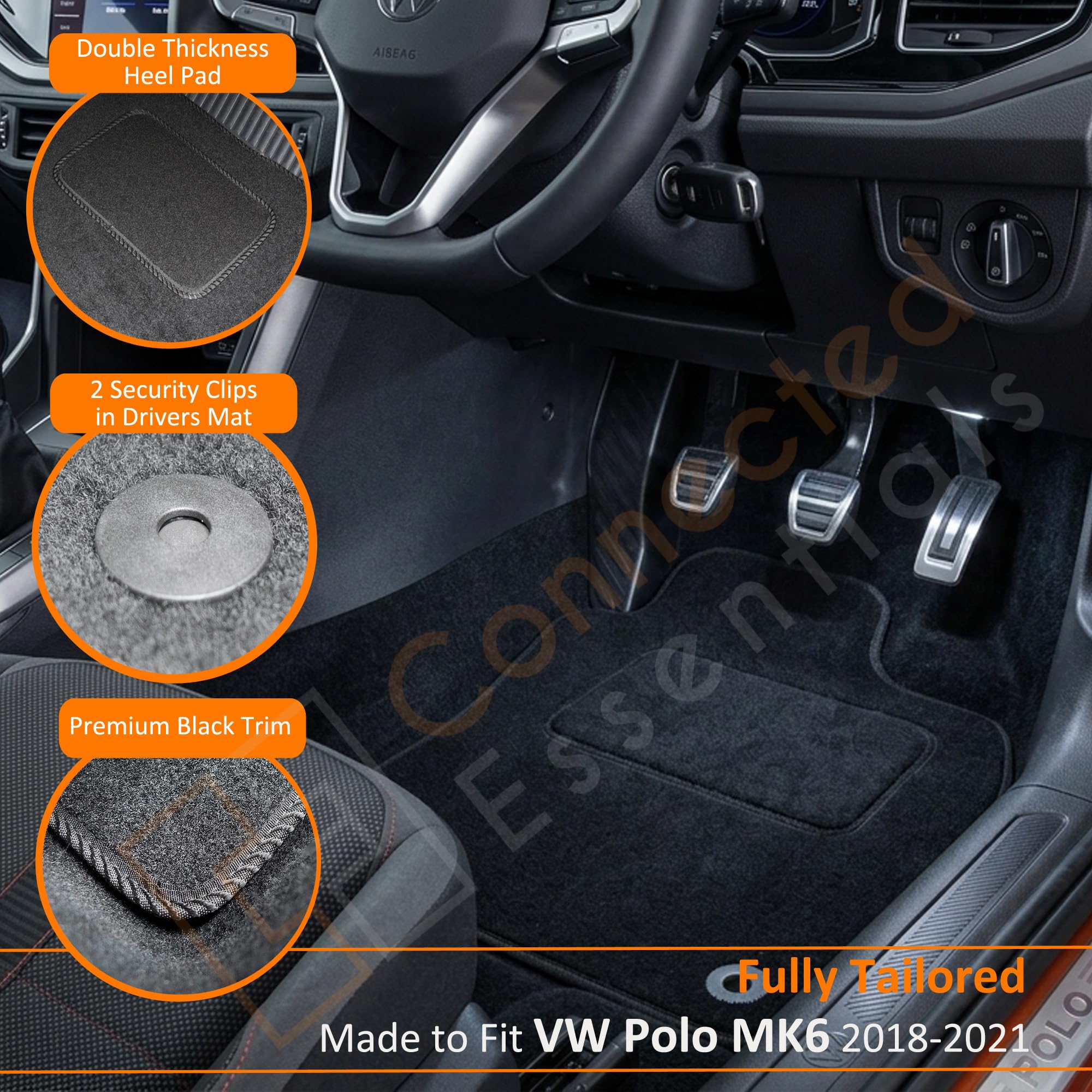 5118585 Tapis de Voiture sur Mesure pour Polo à partir de 2018 – Lot de 4 pièces avec Clips de sécurité, Noir avec Bordure Noire