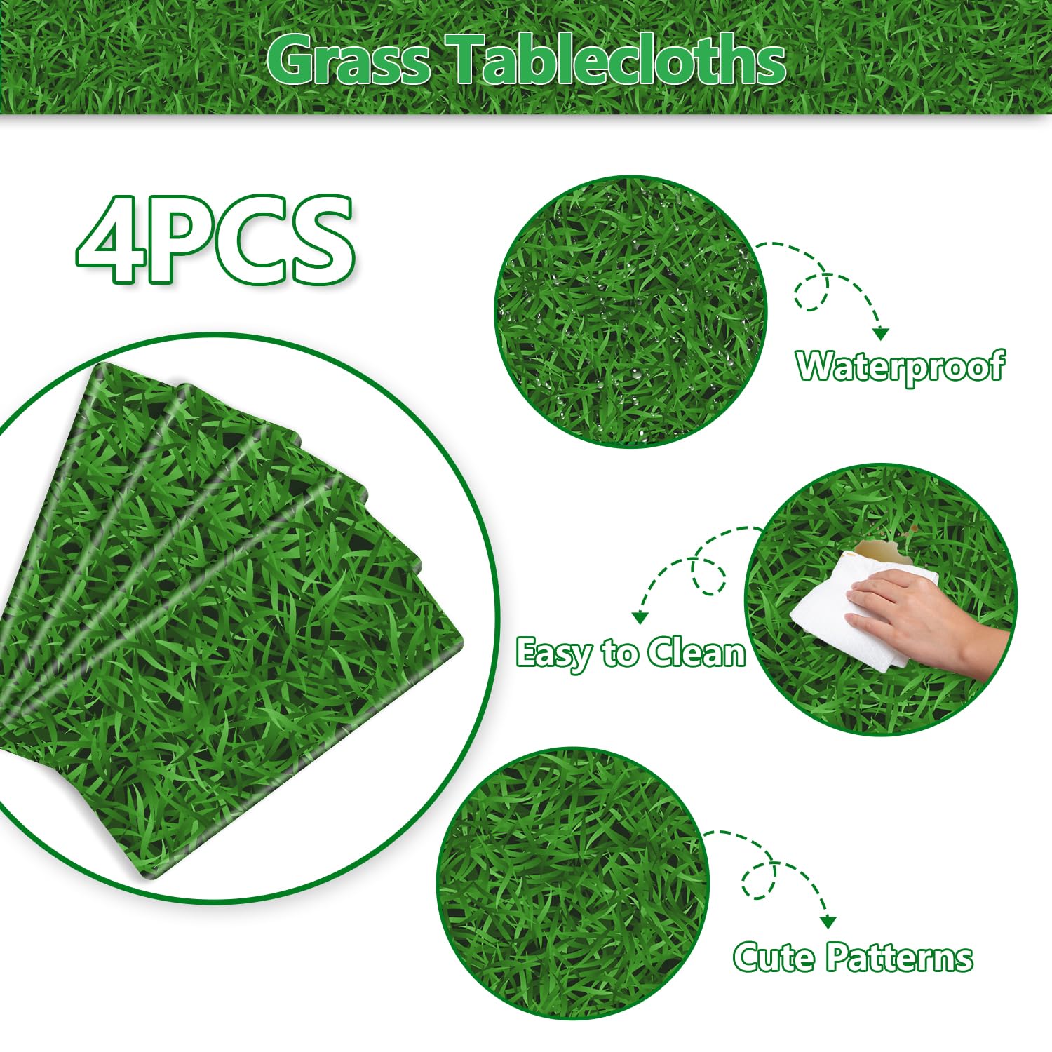 APUXXJUPA 4 Pcs Green Grass Tablecloths, 130 x 220 cm Grass Table Covers for Golf Party Decorations Woodland Baby Shower Decorations - Image 3