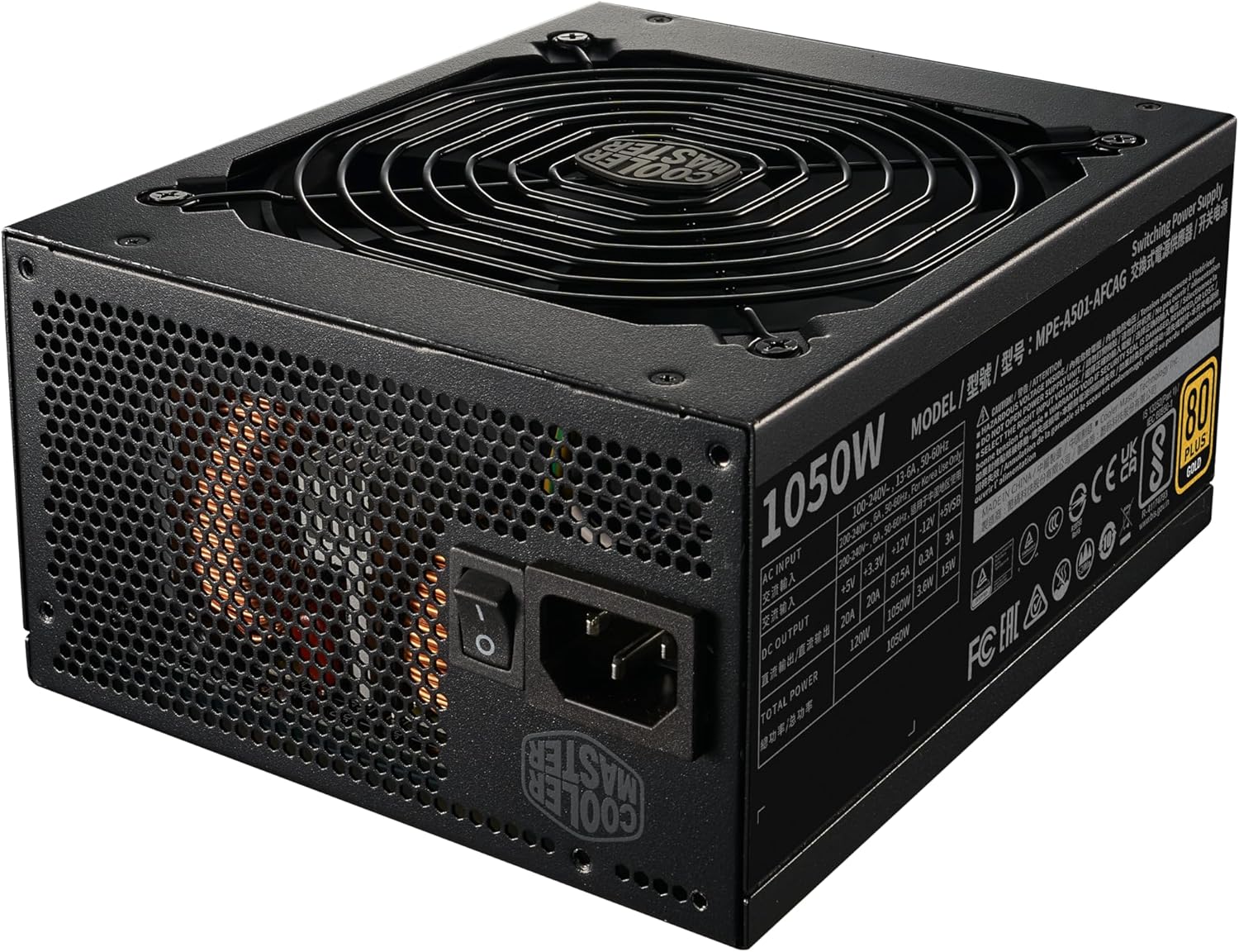 Zadní view of the Cooler Master MWE Gold V2 FM 1050W Power Supply showing the AC inlet and power switch