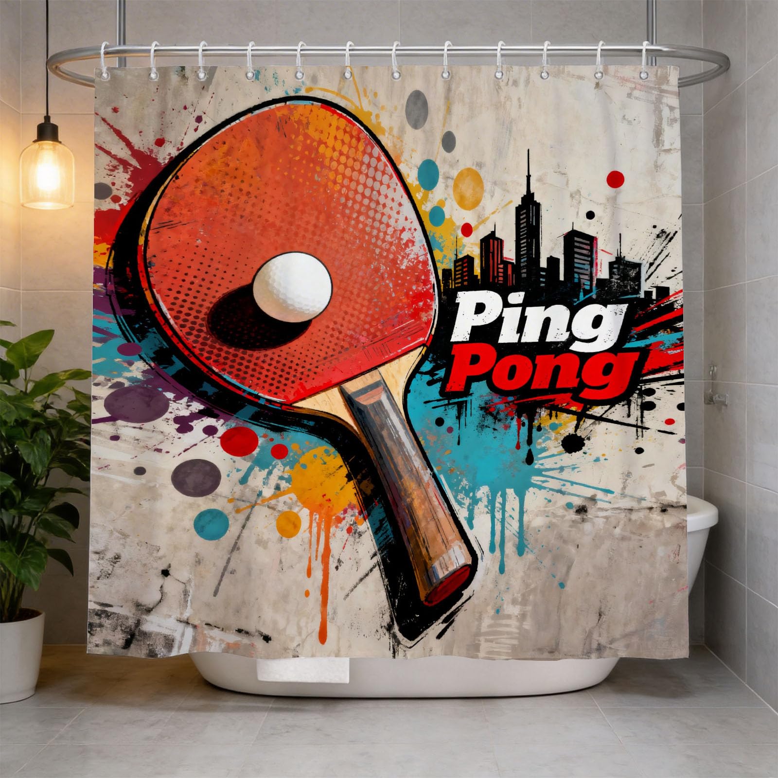 Hongduo 3D Pingpong Shower Curtain for Stalls Bathtubs Vintage Graffiti Bathroom Decor Shower Curtain Set Polyester Fabric Waterproof 120x180cm/48X71 Inch with Hooks