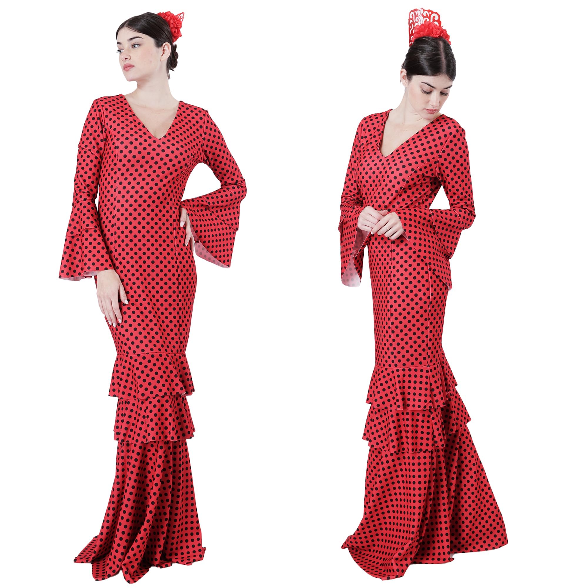 Vestido sevilliana Disfraz de Flamenca para Mujer, Traje de Sevillana Gitana Andaluz con Lunares Ideal para Feria de Abril y Carnaval