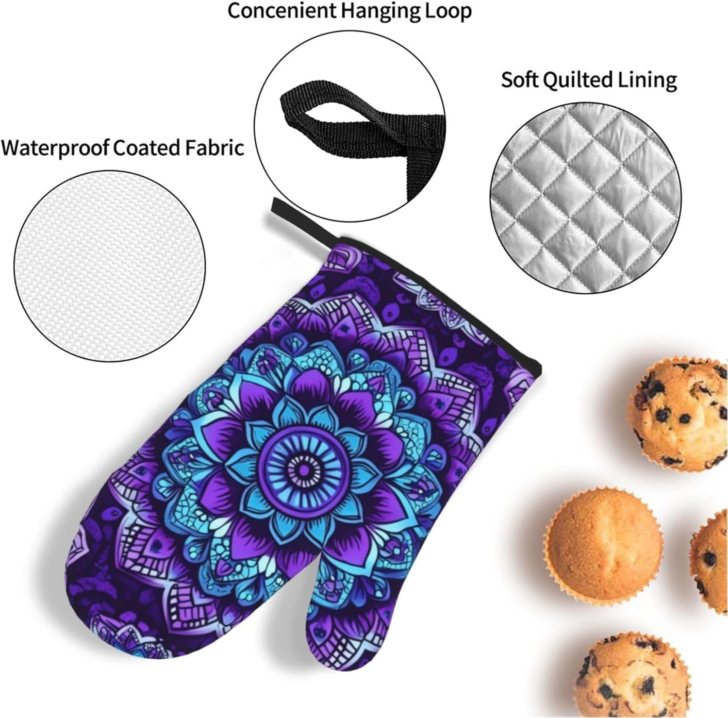 Purple Mandala Flower Oven Mitts and Pot Holders Sets of 4, Cute Vintage Heat Resistant Oven Mitts - Non-Slip Cooking Gloves for Kitchen Baking Grilling BBQ