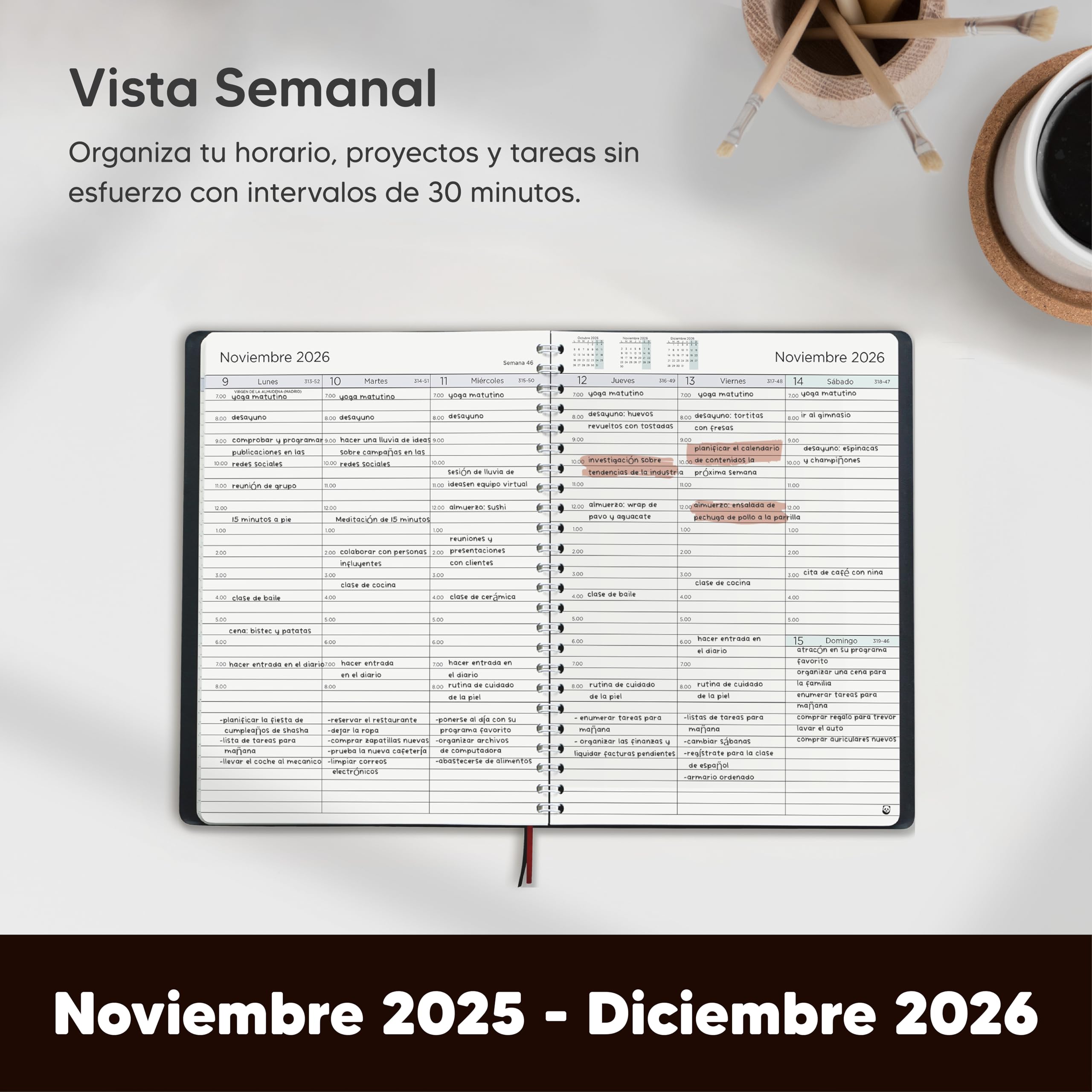 Smart Panda Agenda 2026 con Vista Semanal – A5 Agenda 2026 Semana Vista – Planificador Semanal, Diario Espiral - Tapa Blanda, Intervalos de 30 minutos - Calendario Anual A5, en Español