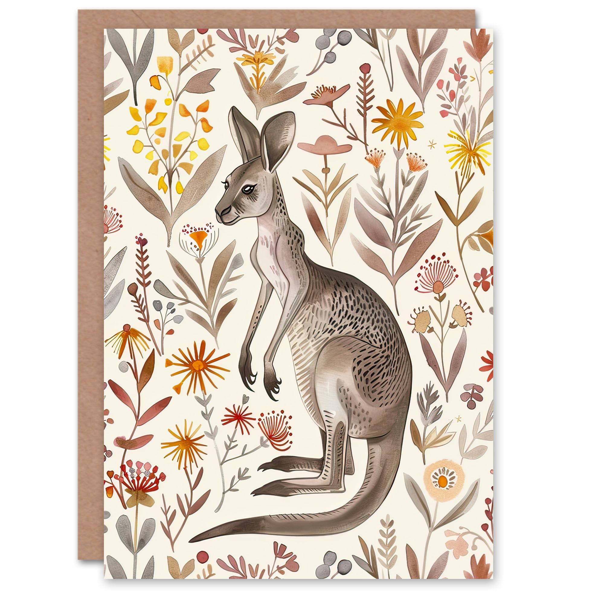 Artery8 Greeting Card Cute Kangaroo with Wildflowers Bright Folk Art Blank For Him Or Her Art Birthday Card