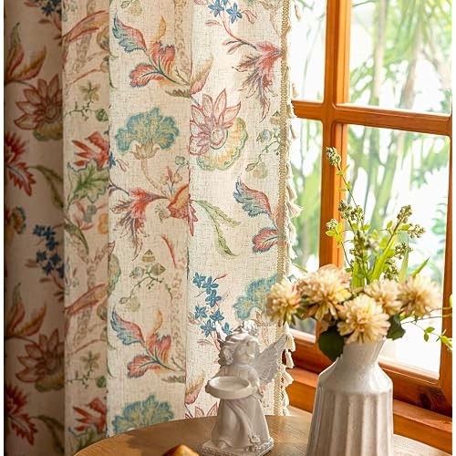 YJ YANJUN Boho Linen Bird Curtains 90 inches Long Vintage Whimsical Curtains with Tassel for Living Room Dining Room Botanical Garden Country Cottage Farmhouse Home Decor W50 x L90 Blue Red