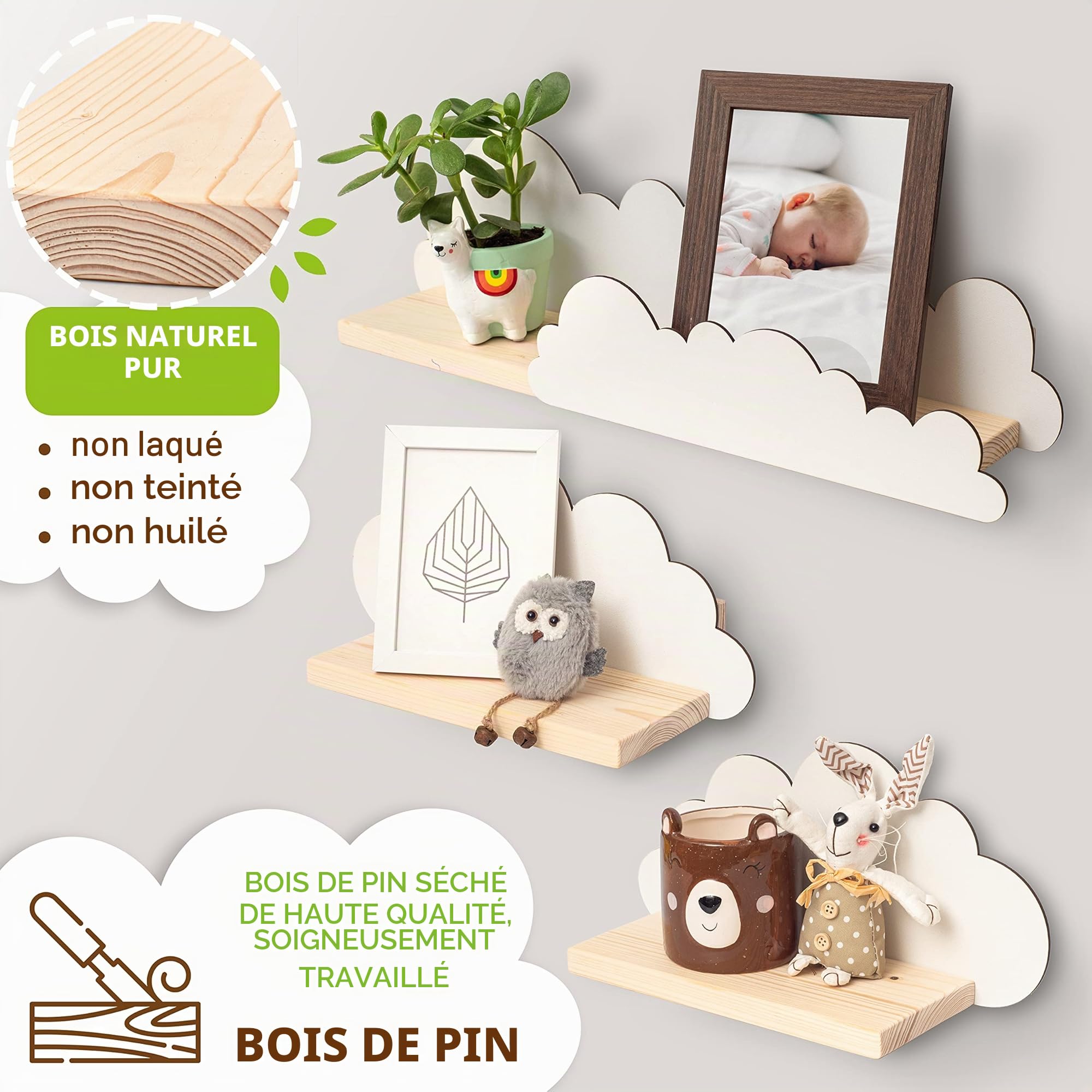 Outentin Lot de 3 étagères murales nuages pour chambre d'enfant, en bois naturel, en forme de nuage, avec supports et chevilles de fixation, blanc