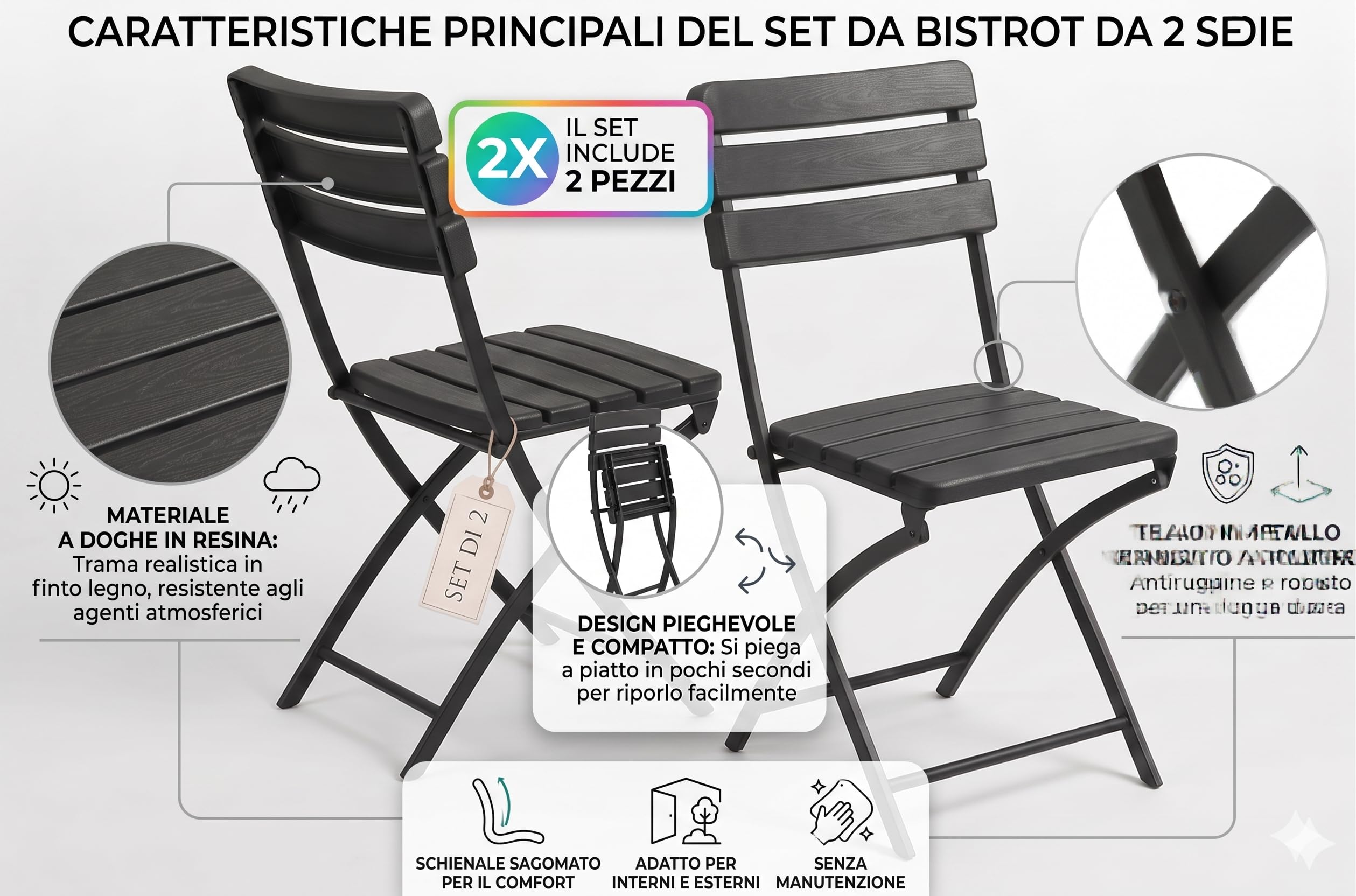 BERARDI B.INTERIORS Set 2 Sedie Pieghevoli Bistrot, Nero