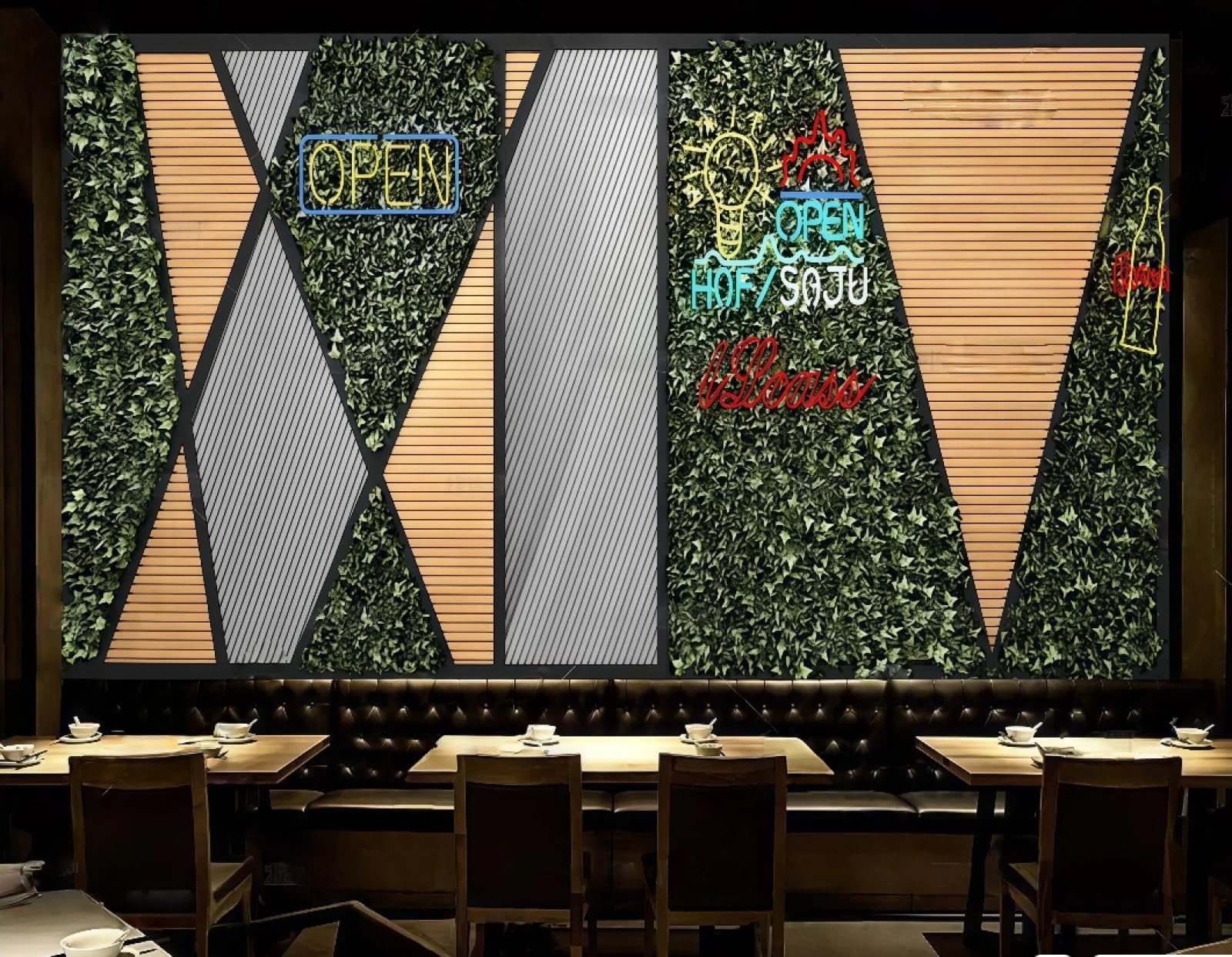 rskjdghshd Wallpaper Nostalgic Green Rattan Collage Wood Grain Theme Hotel Bar Western Restaurant Background Wall Mural Afternoon Tea Coffee Shop Wallpaper,3D,200x140cm