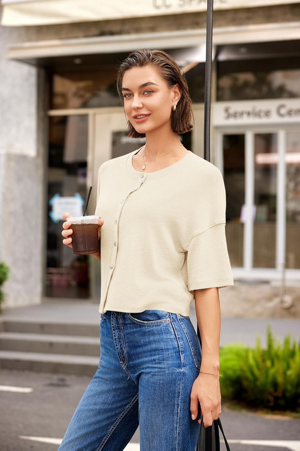 Yanekop Womens Cropped Cardigan Short Sleeve Button Up Cardigan Lightweight Cardigans Oversized Button Down Shirts - Image 3